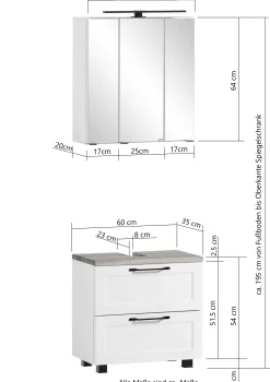 Ensemble de salle de bain Meran | Meuble lavabo, armoire de toilette avec éclairage | Blanc