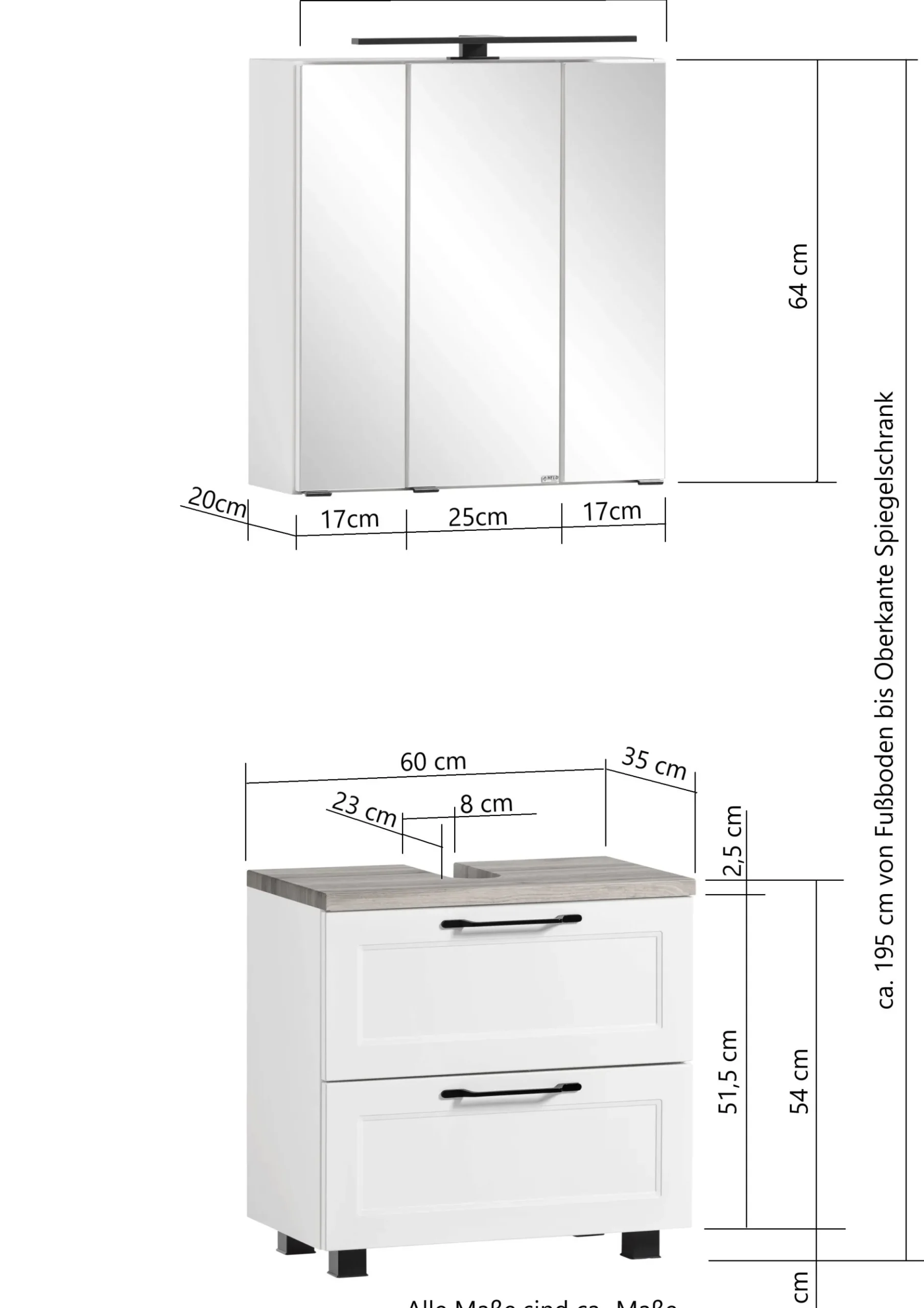 Ensemble de salle de bain Meran | Meuble lavabo, armoire de toilette avec éclairage | Blanc