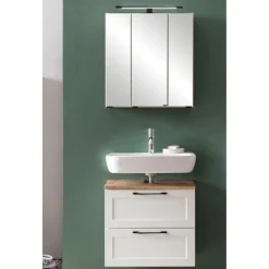 Ensemble de salle de bain Meran | Meuble lavabo, armoire de toilette avec éclairage | Blanc