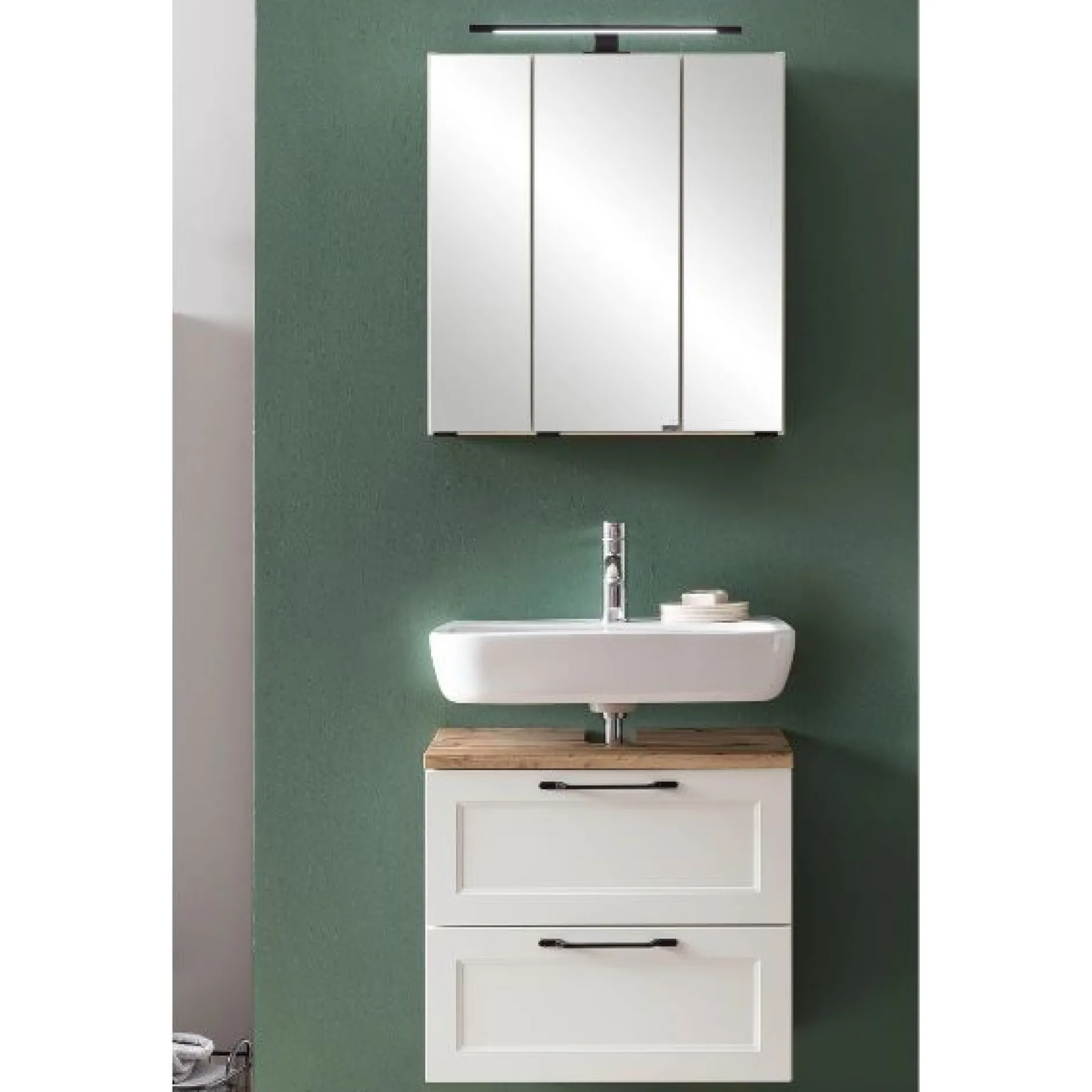 Ensemble de salle de bain Meran | Meuble lavabo, armoire de toilette avec éclairage | Blanc