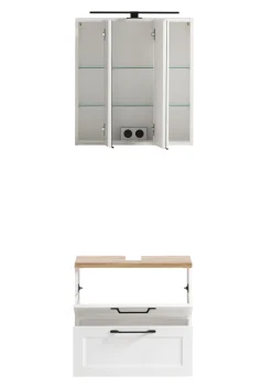 Ensemble de salle de bain Meran | Meuble lavabo, armoire de toilette avec éclairage | Blanc