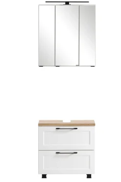 Ensemble de salle de bain Meran | Meuble lavabo, armoire de toilette avec éclairage | Blanc