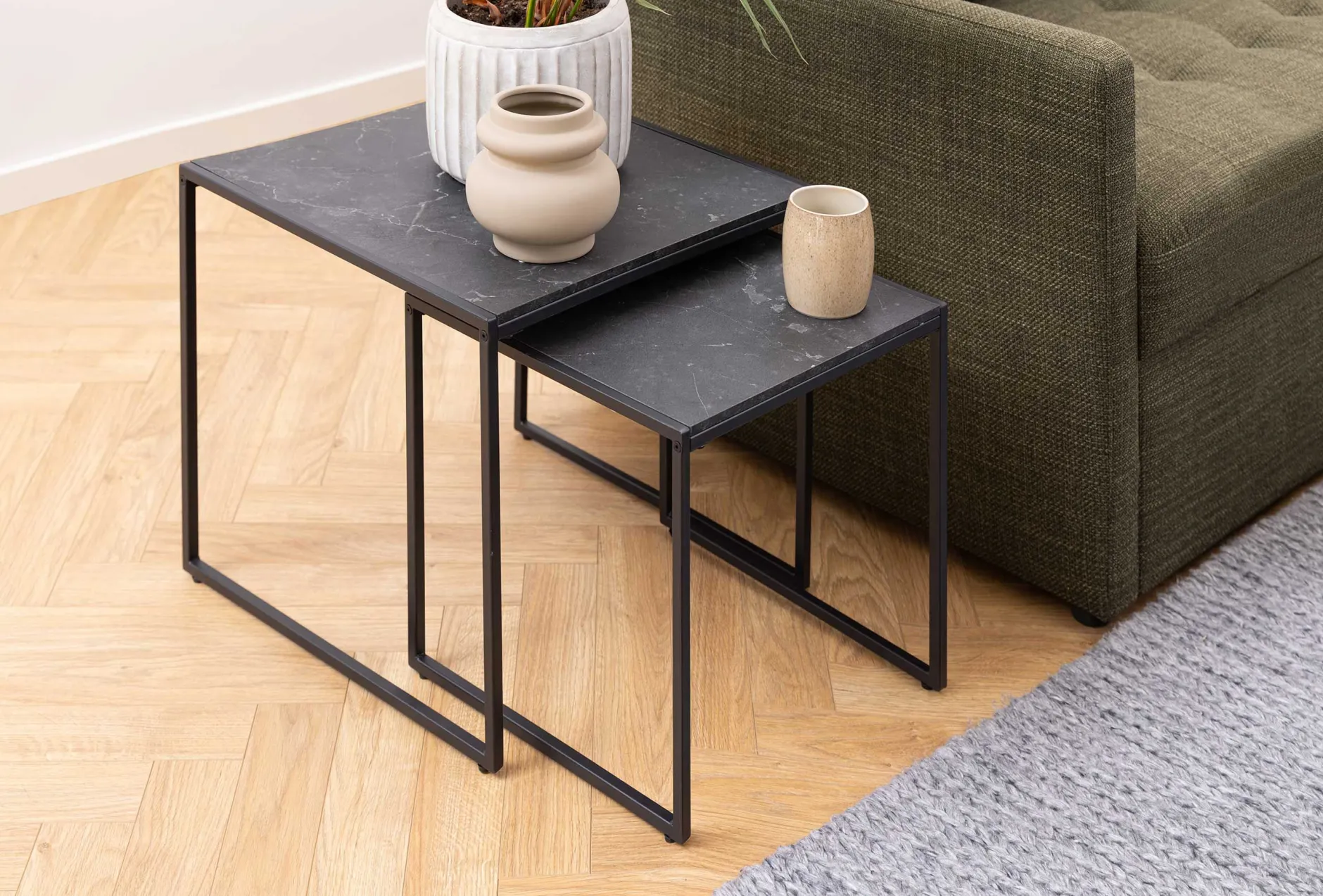 2er-Set Beistelltische Idris - Marmor/Schwarz