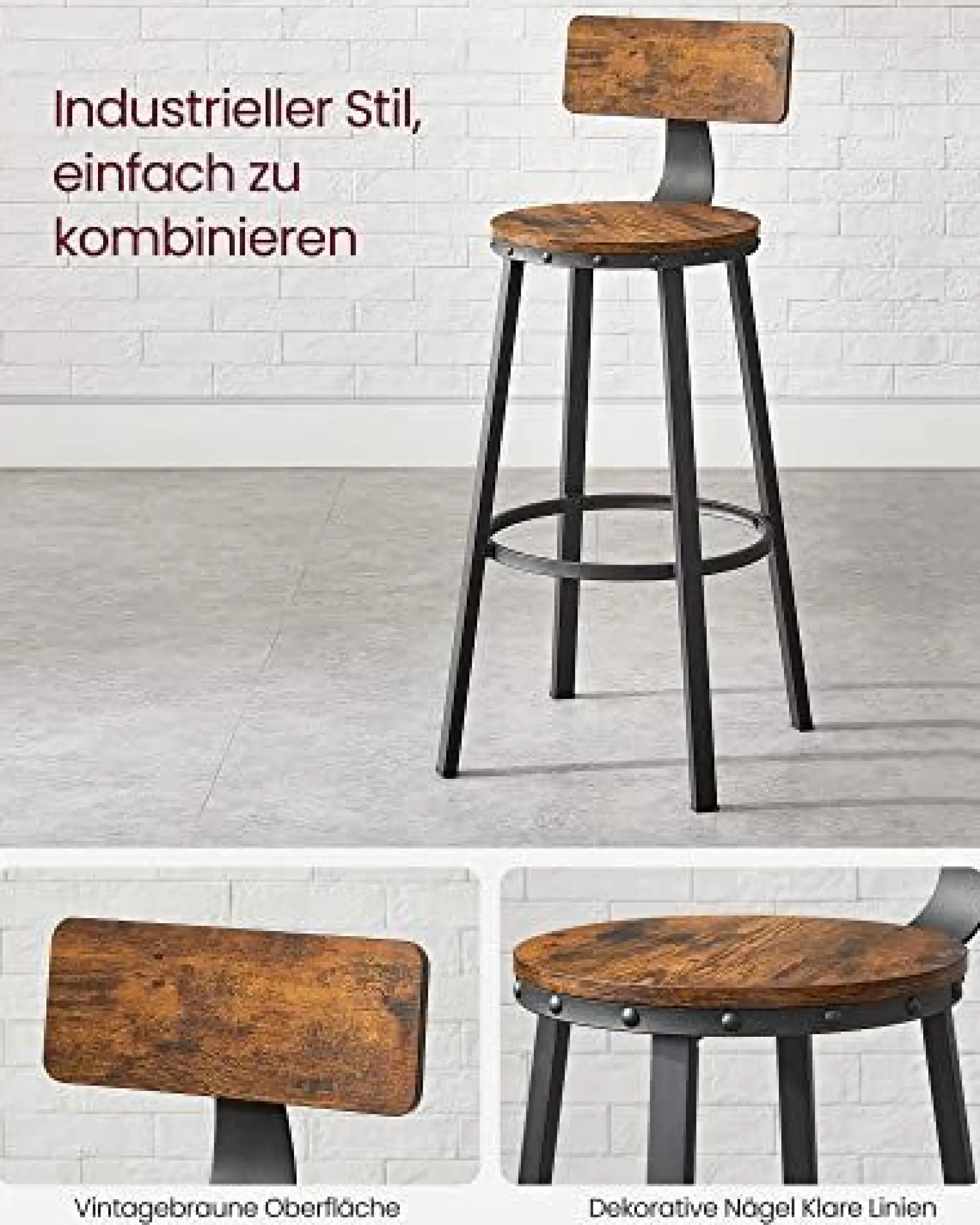 2er-Set hohe Barstühle mit Rückenlehne, einfache Montage