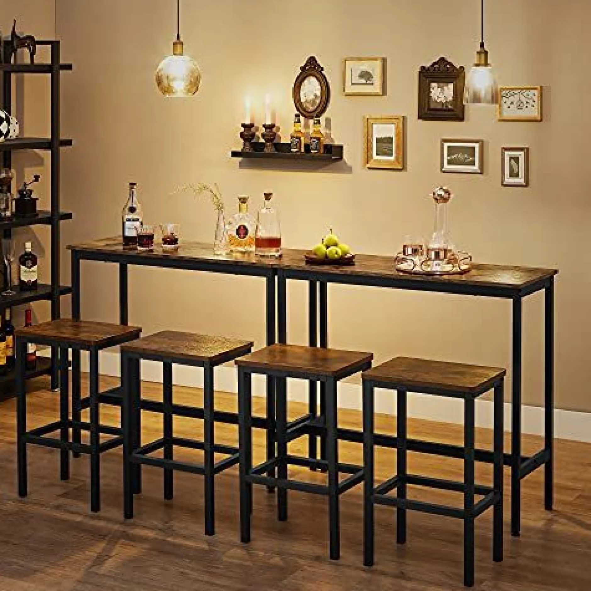 Ess-/Bartisch-Set mit Hockern, industrielles Stahlgestell, rustikales Braun/Schwarz