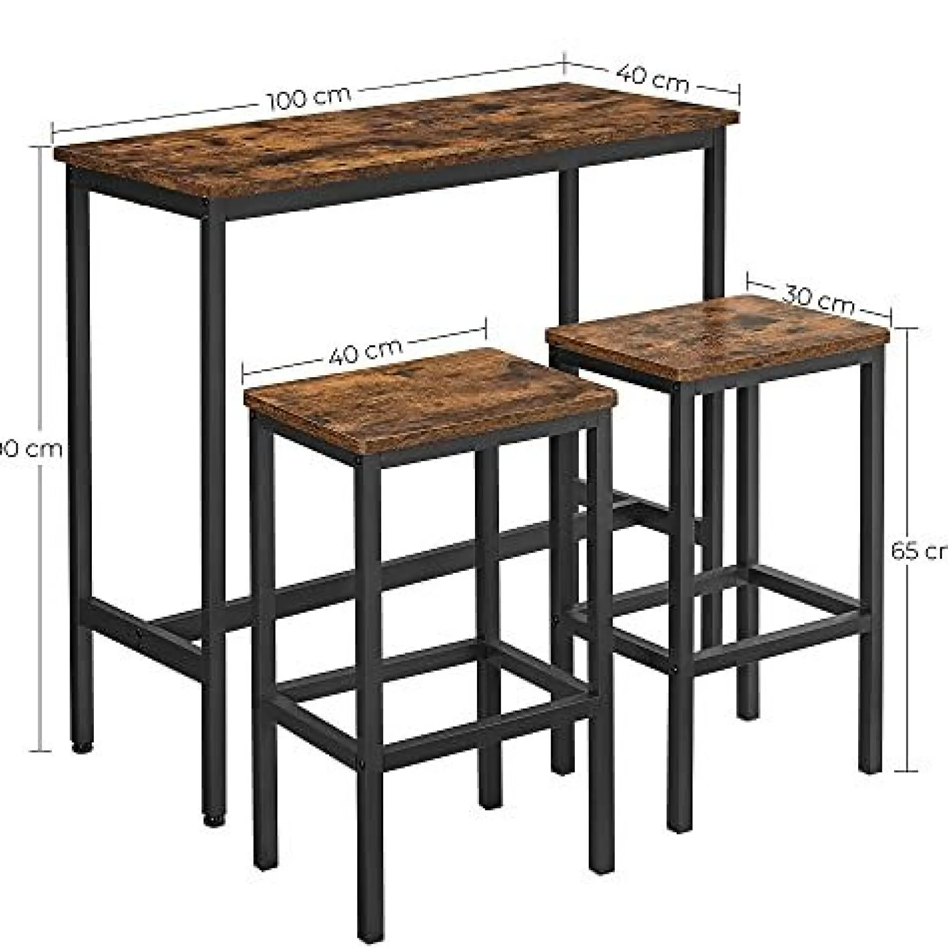 Ess-/Bartisch-Set mit Hockern, industrielles Stahlgestell, rustikales Braun/Schwarz