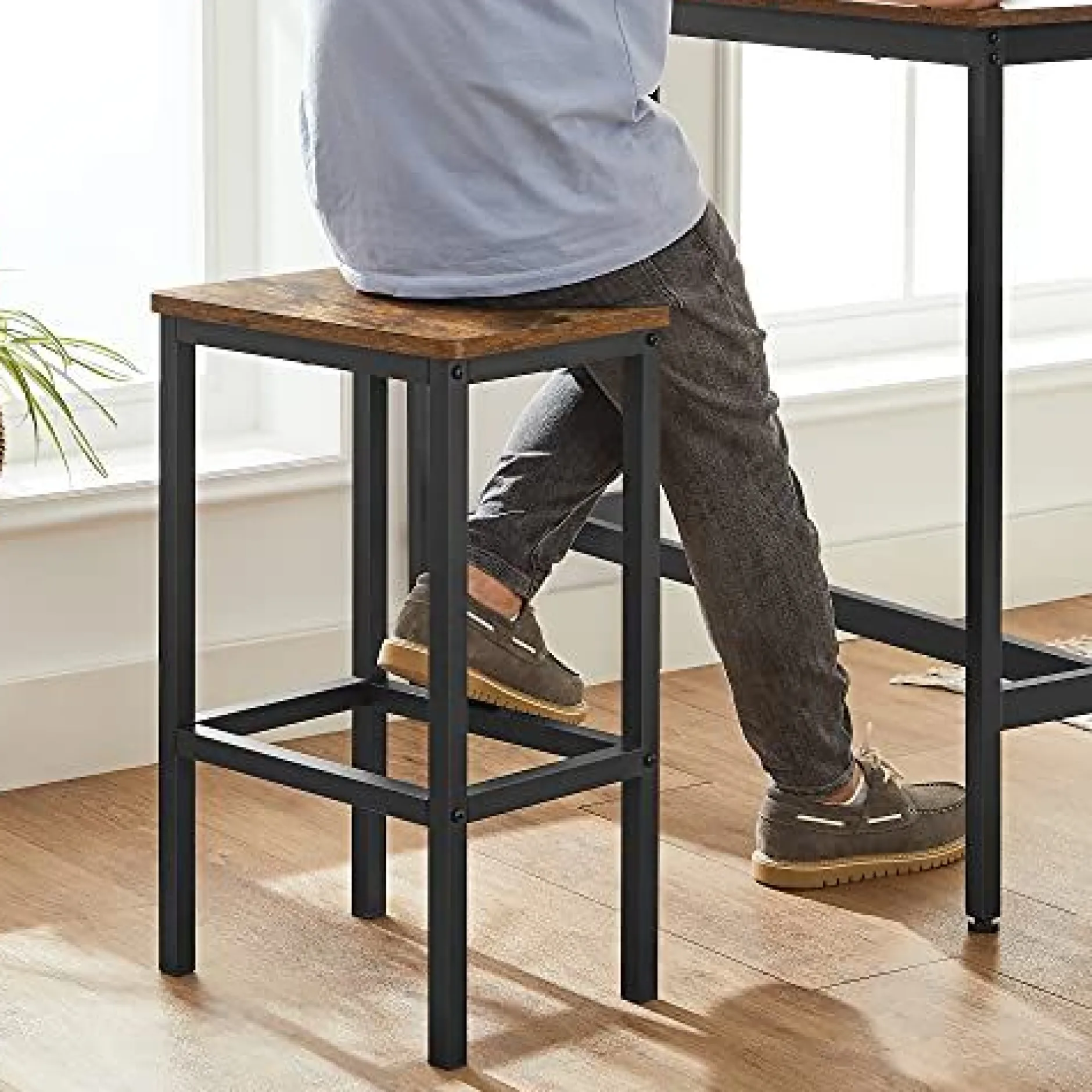 Ess-/Bartisch-Set mit Hockern, industrielles Stahlgestell, rustikales Braun/Schwarz