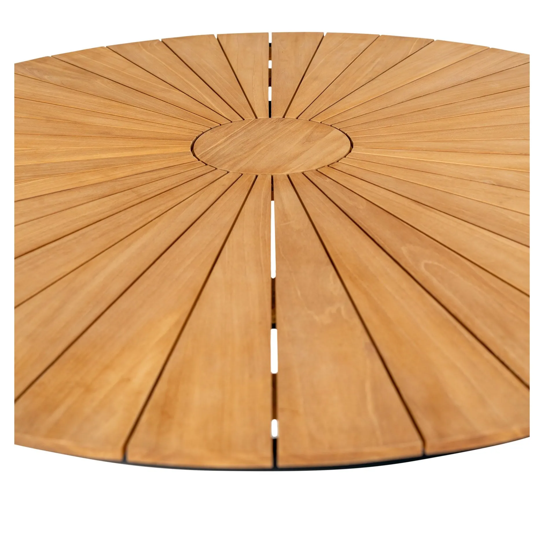 Esstisch aus natürlichem Teakholz mit schwarzen Metallbeinen
