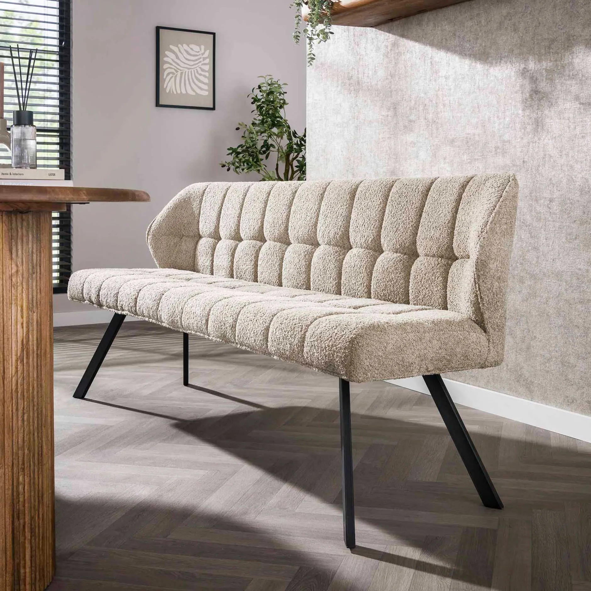 Esszimmerbank Aster - 180x58x81cm - sandfarbener Bouclé-Stoff