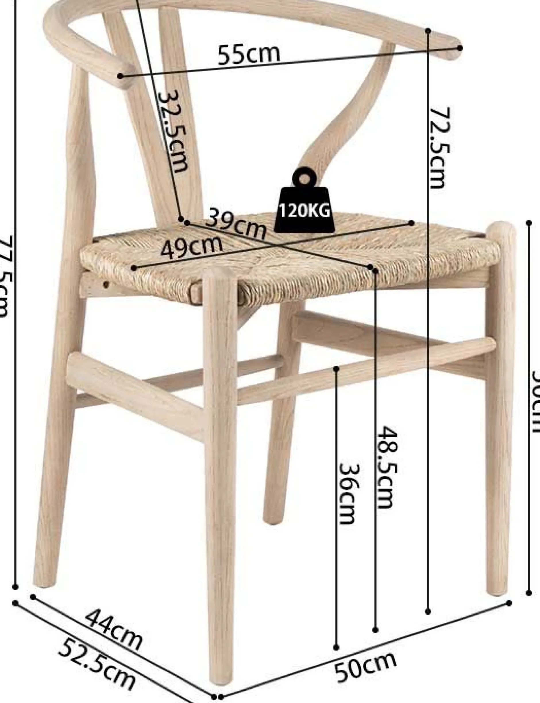 Esszimmerstuhl Bart - 55x52.5x77.5cm - Ulme massiv/Seegras