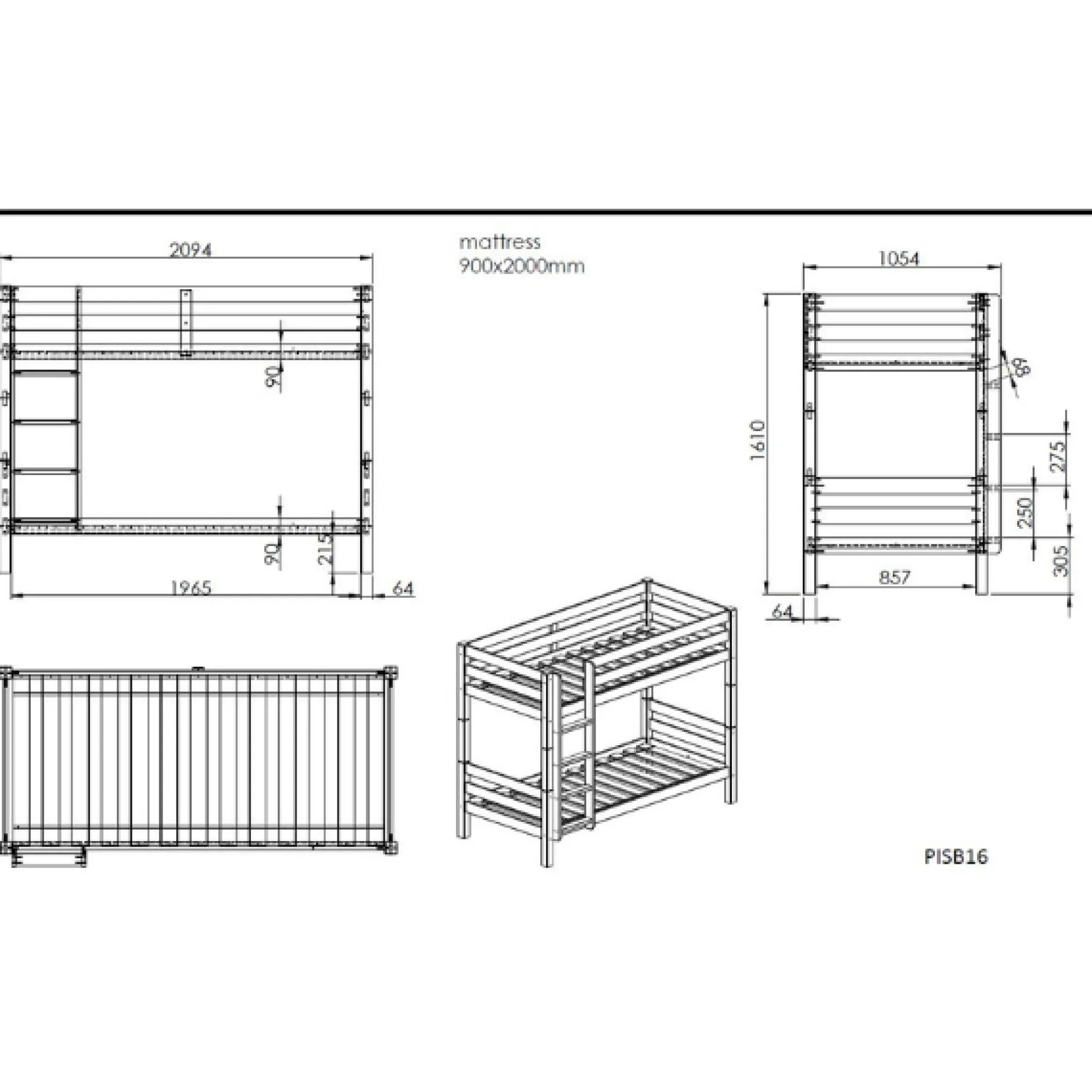 Etagenbett Claire 160cm mit 2 Schubladen - Kieferholz