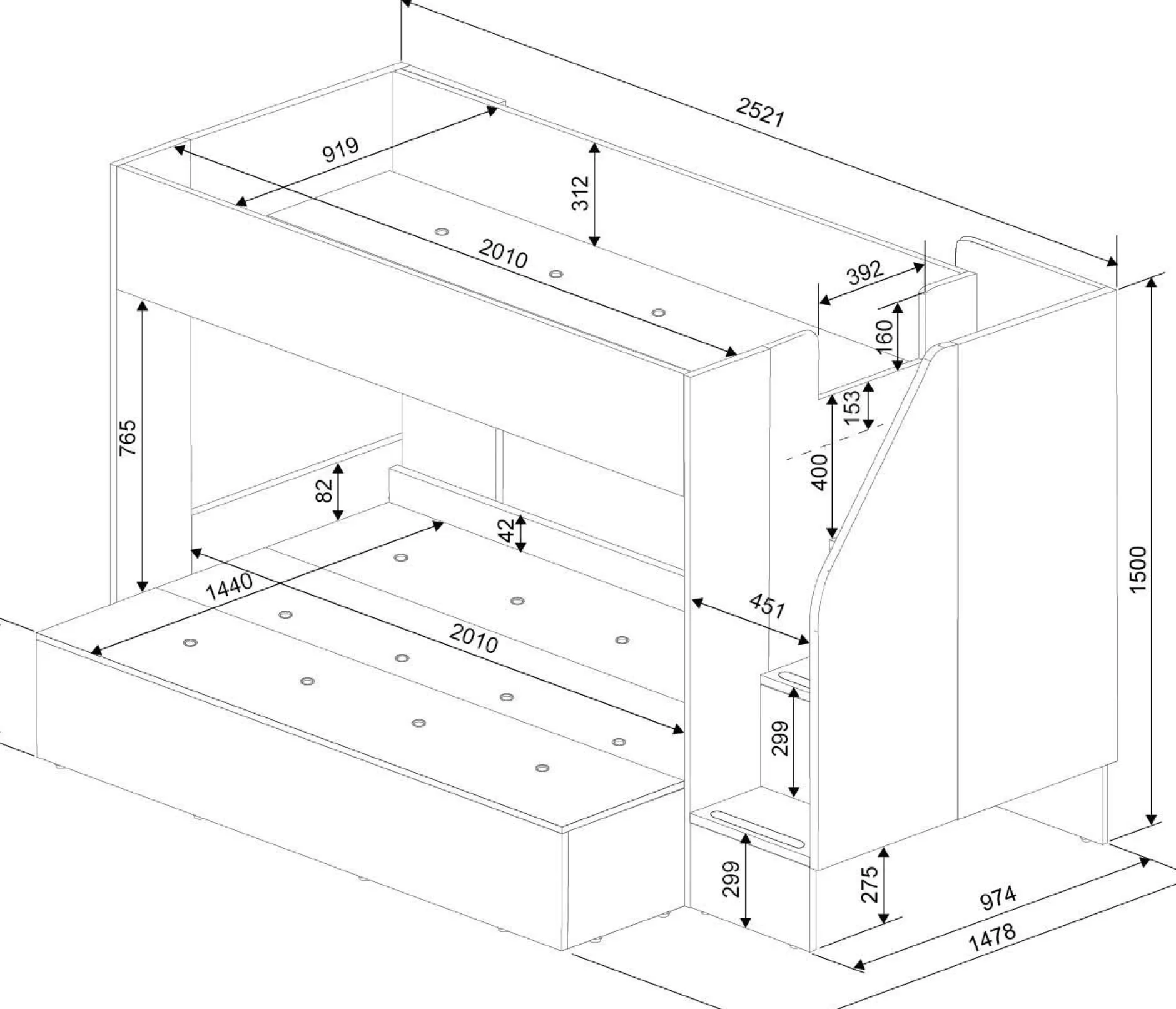 Etagenbett Easy für 3 Personen - 90x200cm und 140x200cm - Goldene Eiche Dekor/Weiß