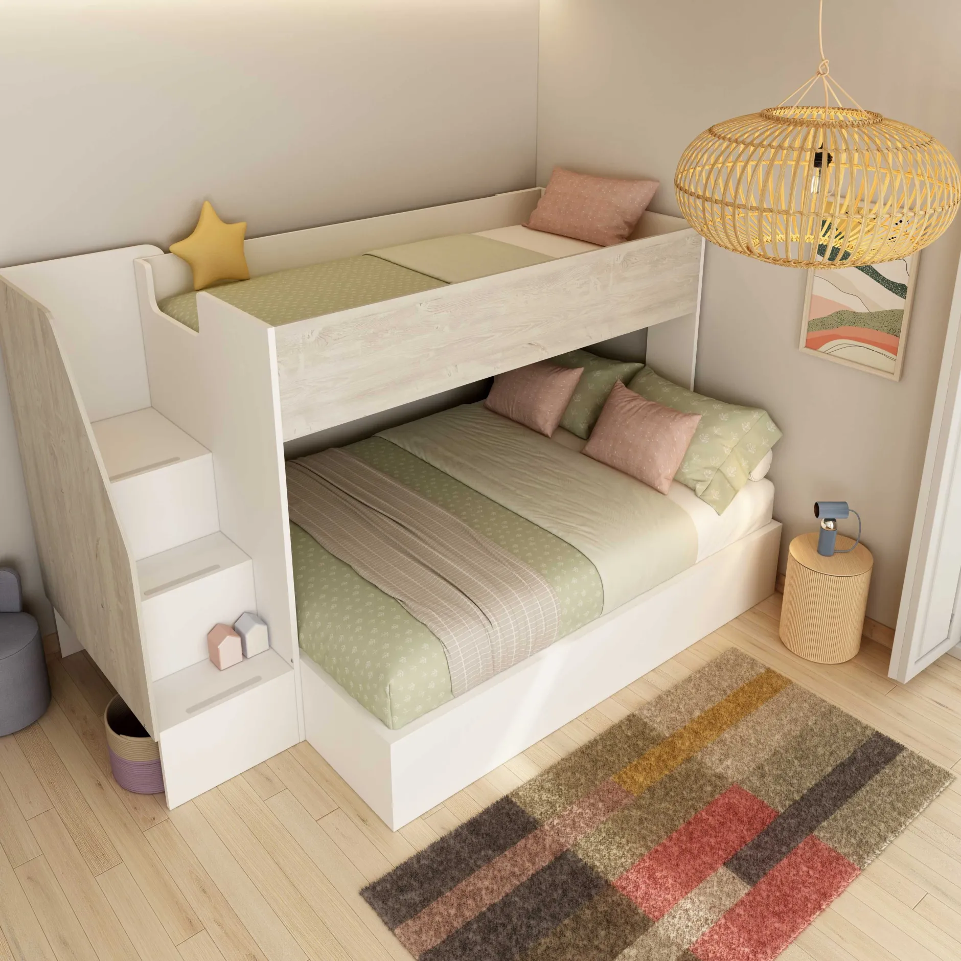 Etagenbett Easy für 3 Personen - 90x200cm und 140x200cm - cascina Eiche Dekor/Weiß