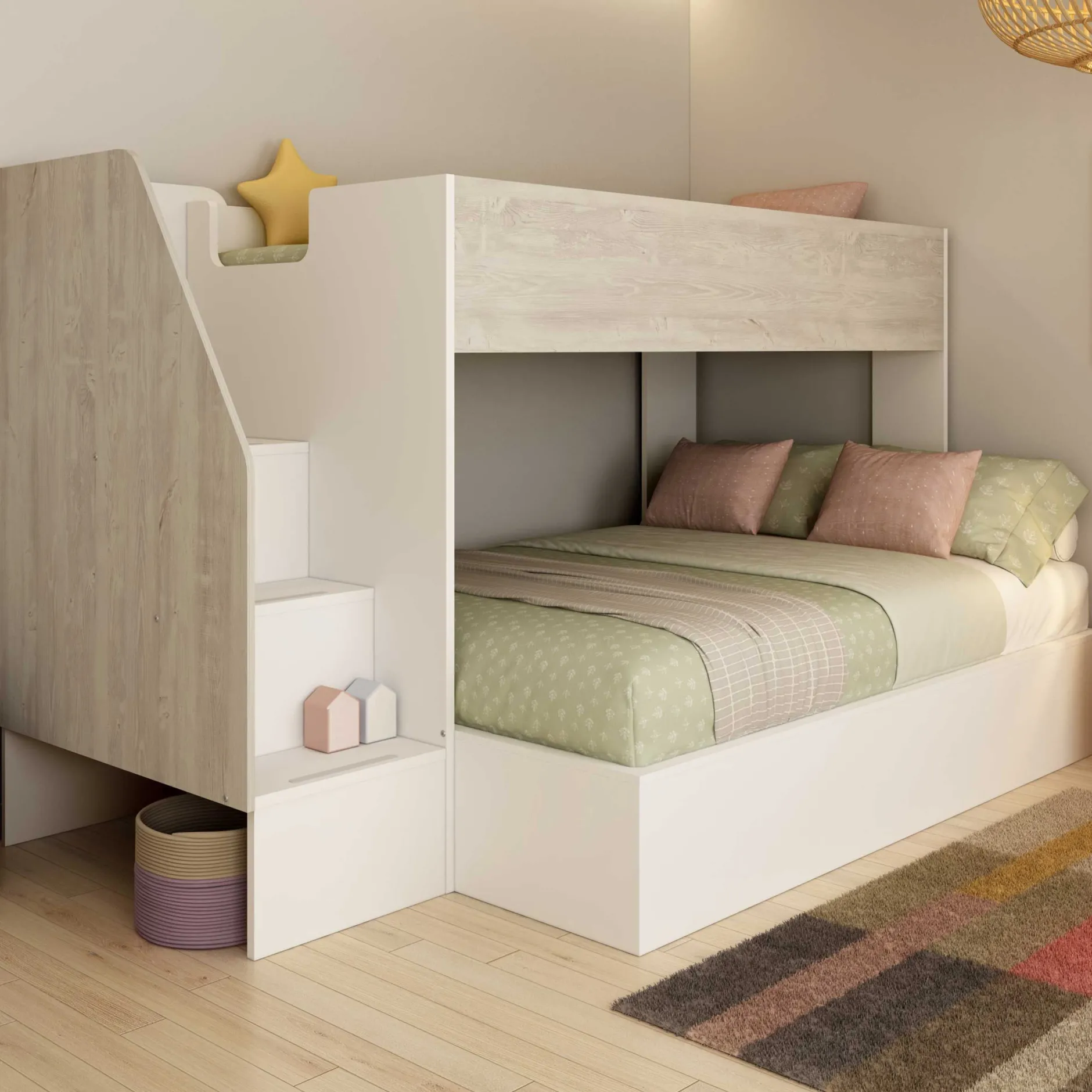 Etagenbett Easy für 3 Personen - 90x200cm und 140x200cm - cascina Eiche Dekor/Weiß