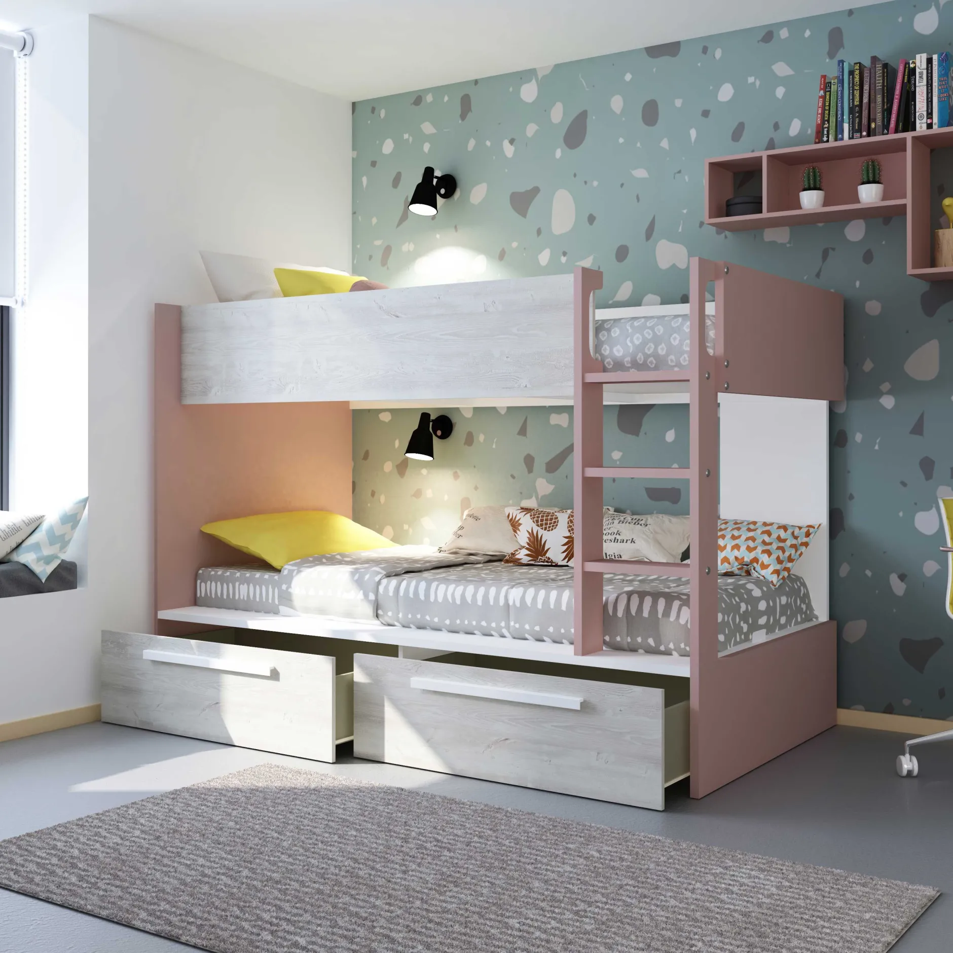 Etagenbett Fleur mit Schubladen - altrosa