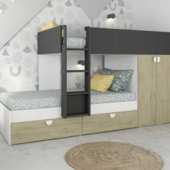 Etagenbett Jip mit Schrank & Schubladen - 90x190cm - Eiche/weiß/grau