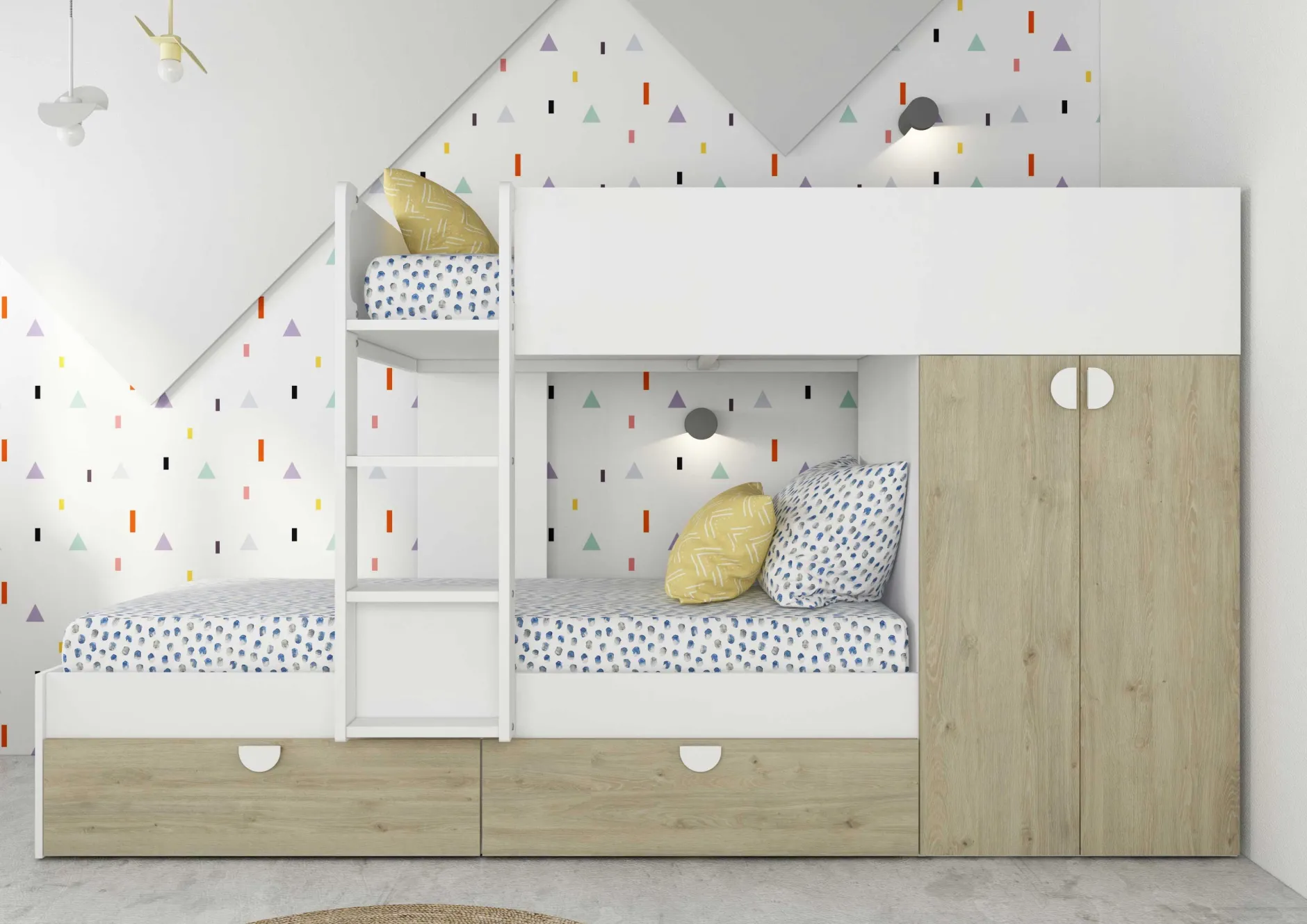 Etagenbett Jip mit Schrank & Schubladen - 90x190cm - Eiche/weiß/weiß