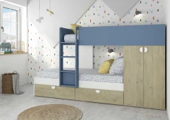 Etagenbett Jip mit Schrank & Schubladen - 90x190cm - Eiche/weiß/blau