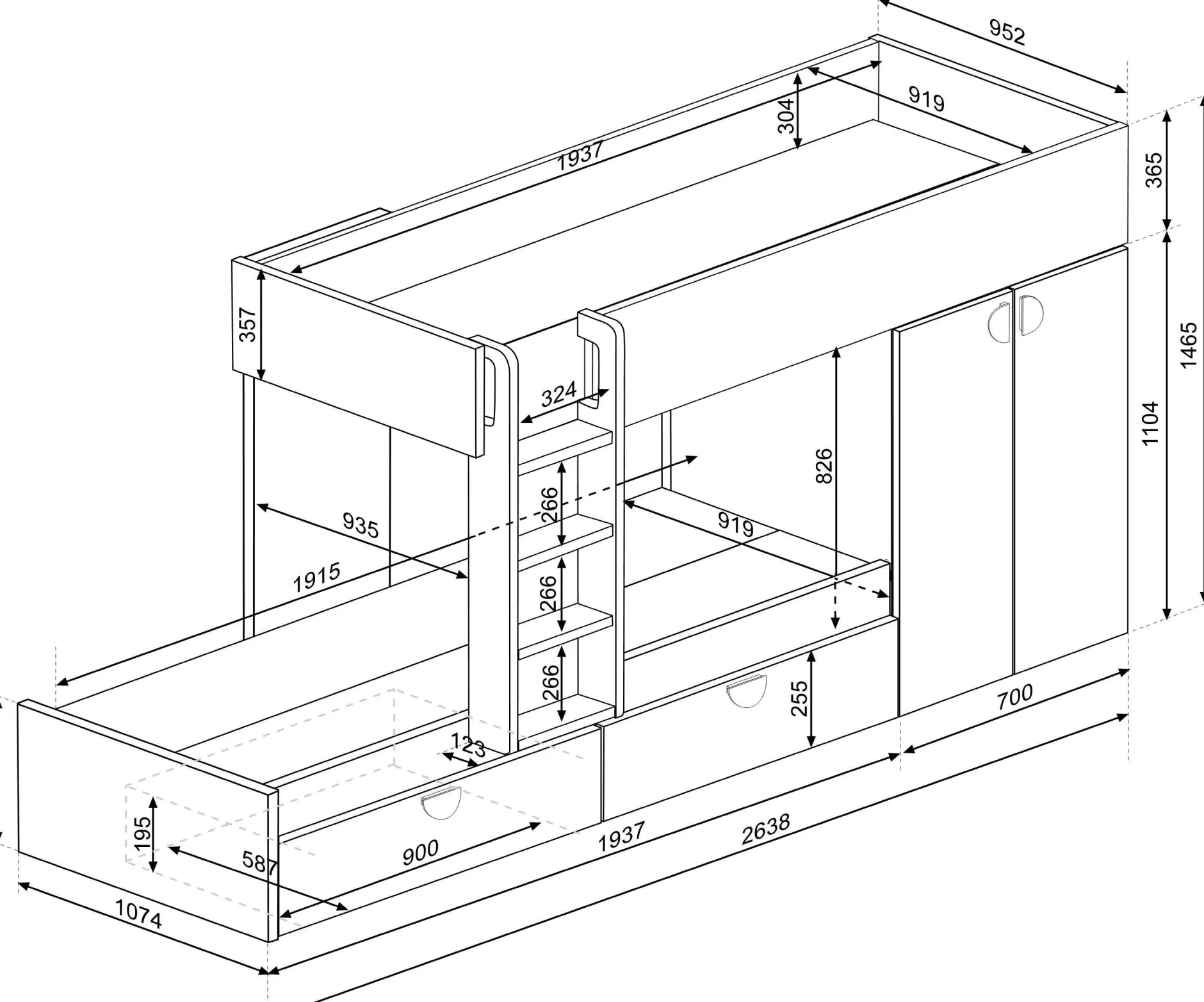 Etagenbett Jip mit Schrank & Schubladen - 90x190cm - Eiche/weiß/blau