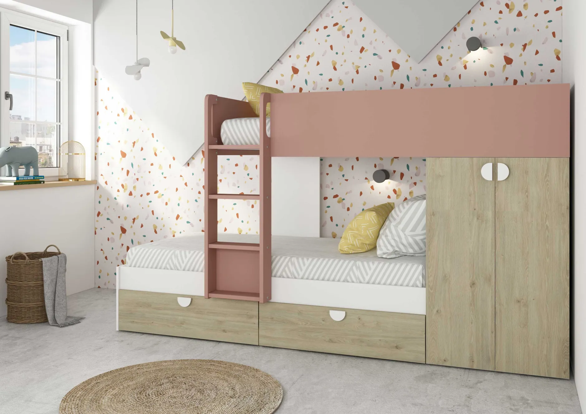 Etagenbett Jip mit Schrank & Schubladen - 90x190cm - Eiche/weiß/altrosa