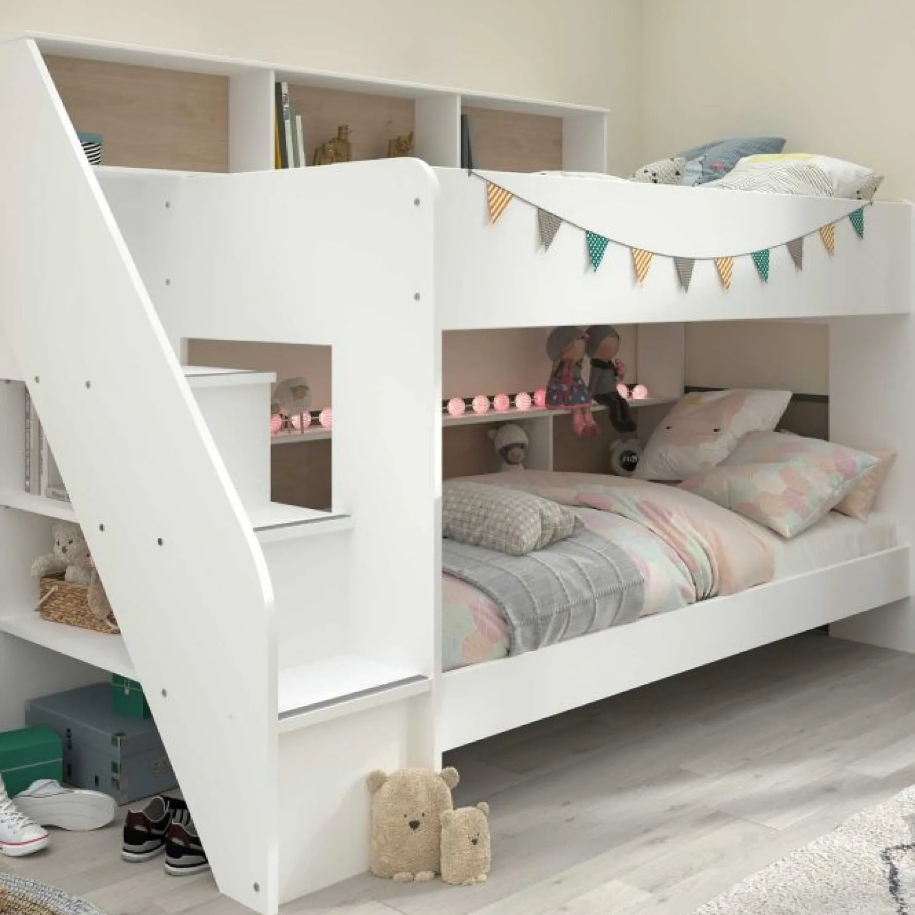 Etagenbett Lester 90x200 mit Stauraum - weiß/Eiche