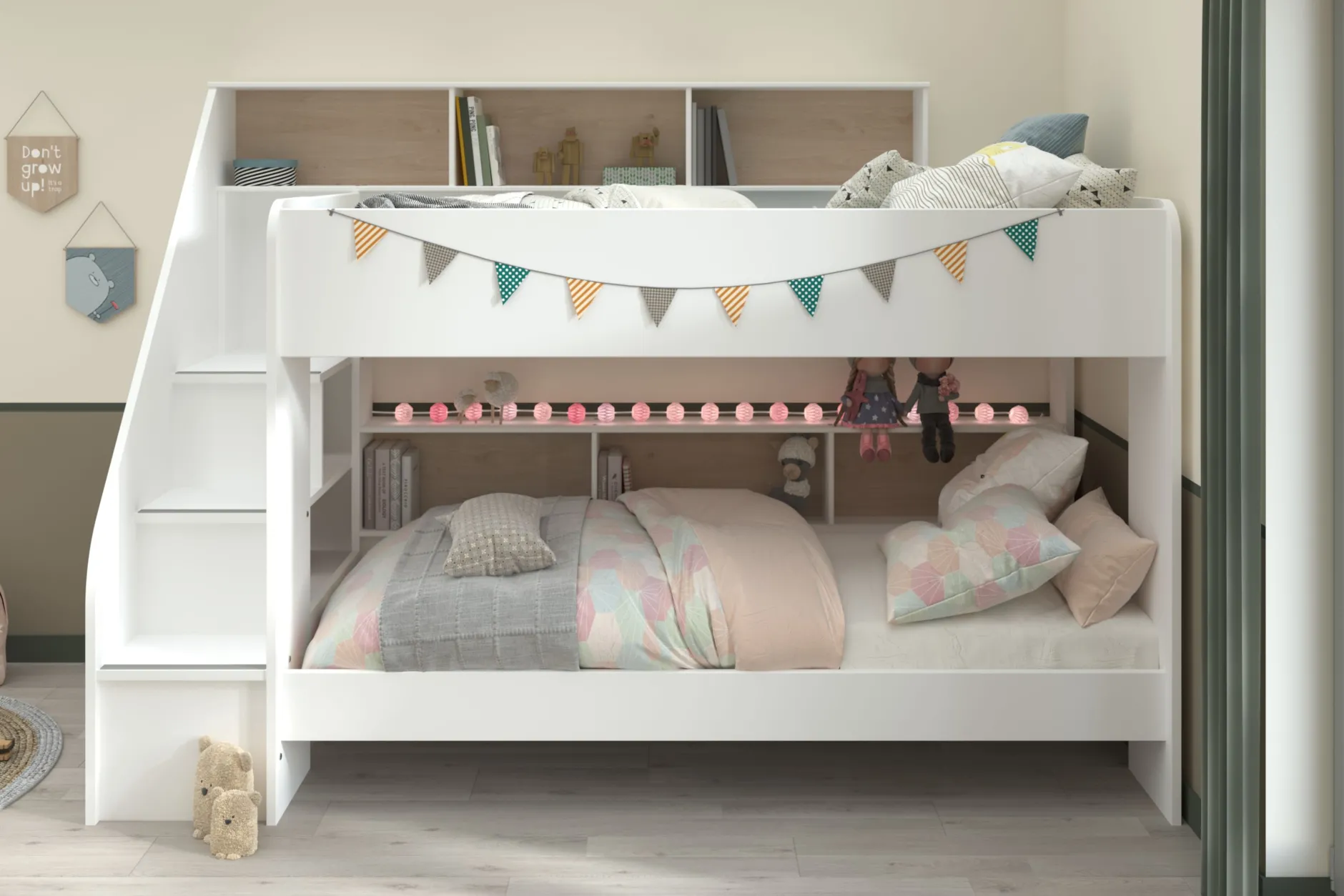 Etagenbett Lester 90x200 mit Stauraum - weiß/Eiche