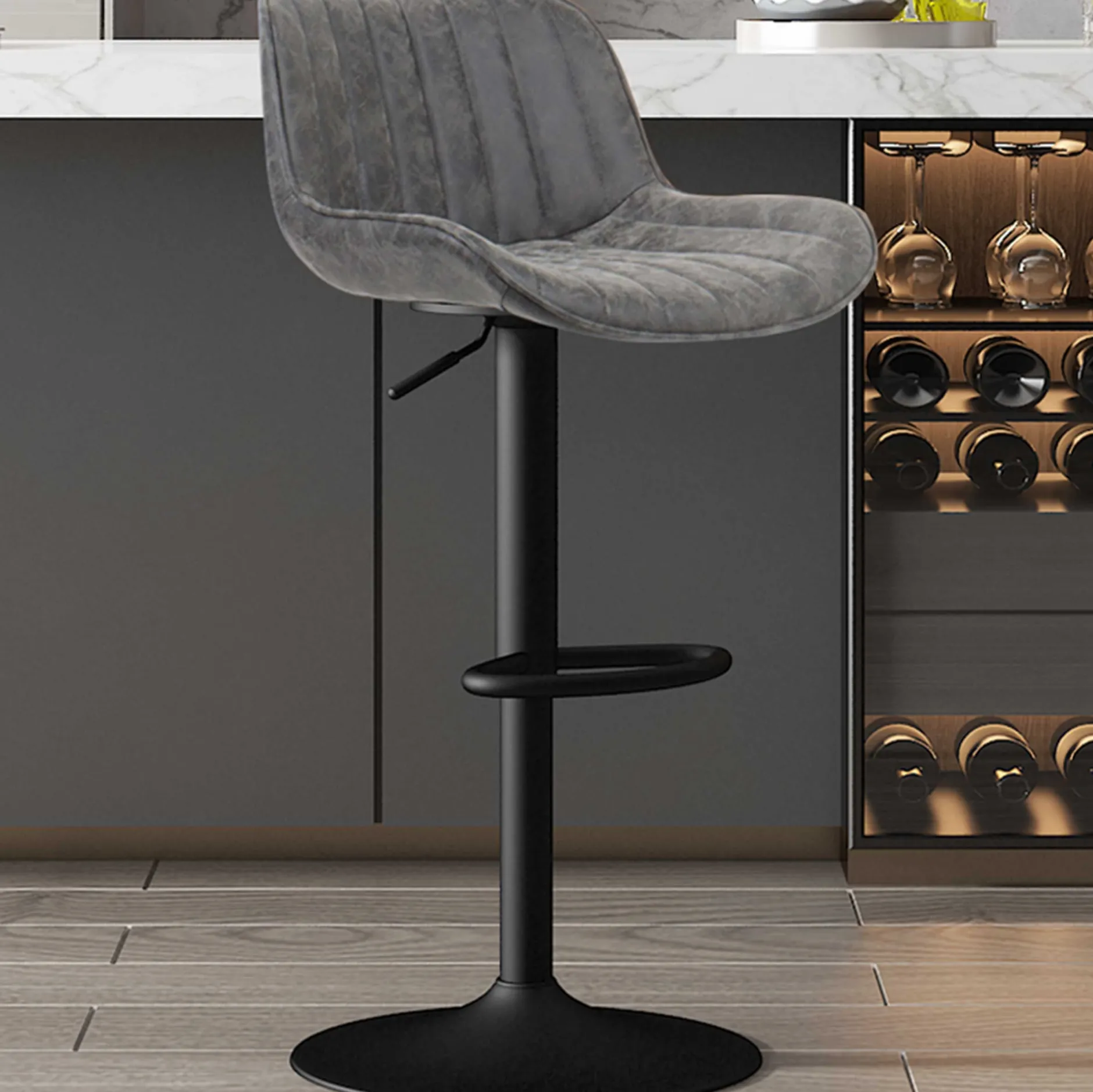 Fenna" Grauer PU Barhocker | Metallbeine | 84-105 x 48 x 49.5cm