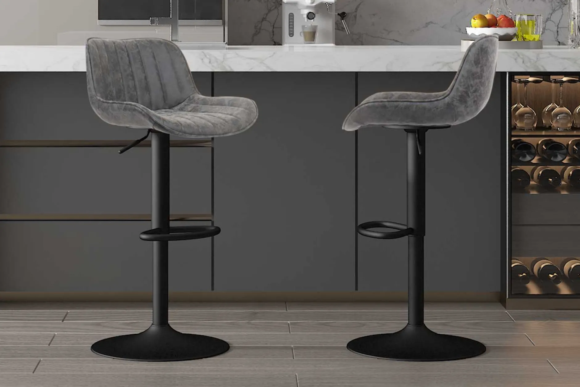 Fenna" Grauer PU Barhocker | Metallbeine | 84-105 x 48 x 49.5cm