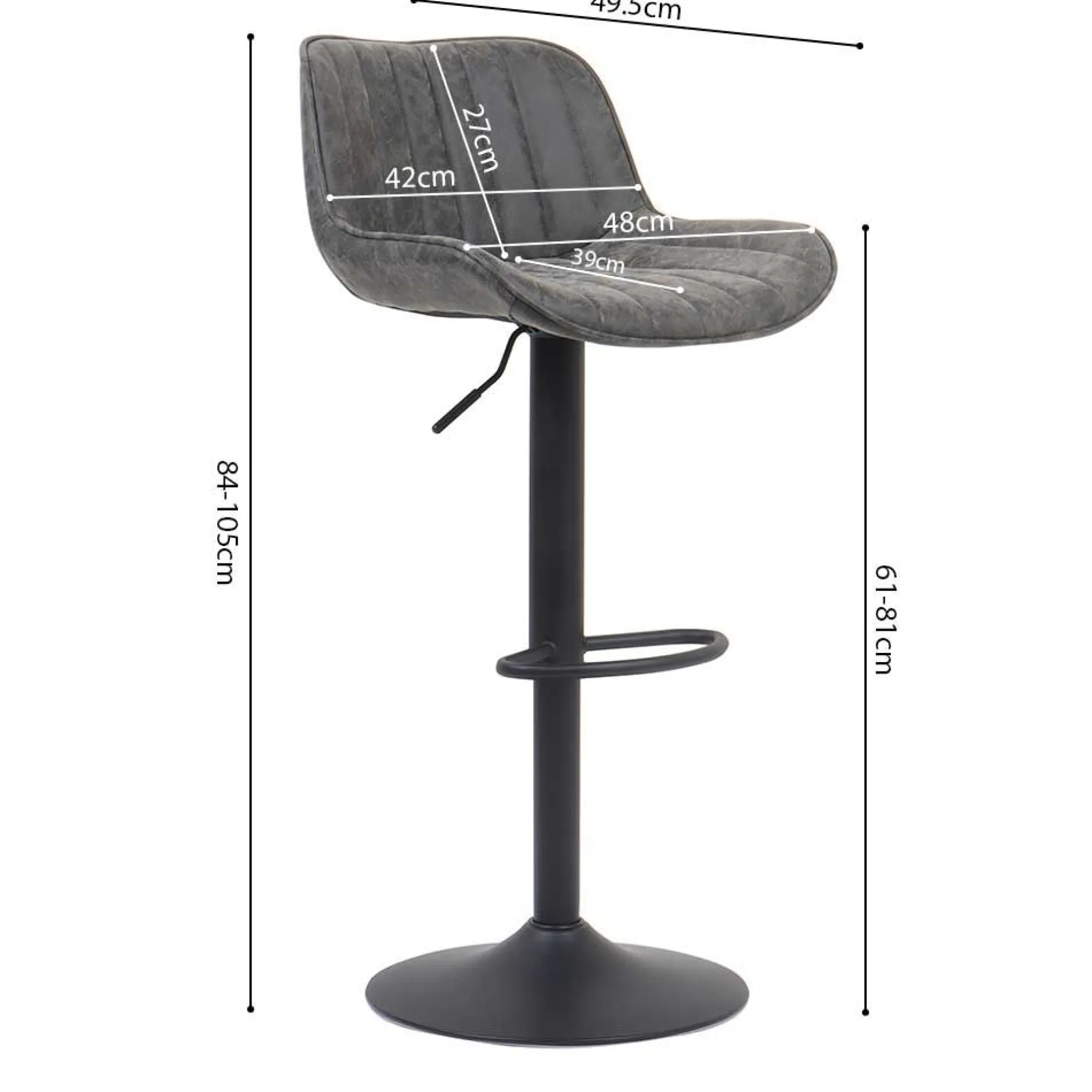 Fenna" Grauer PU Barhocker | Metallbeine | 84-105 x 48 x 49.5cm