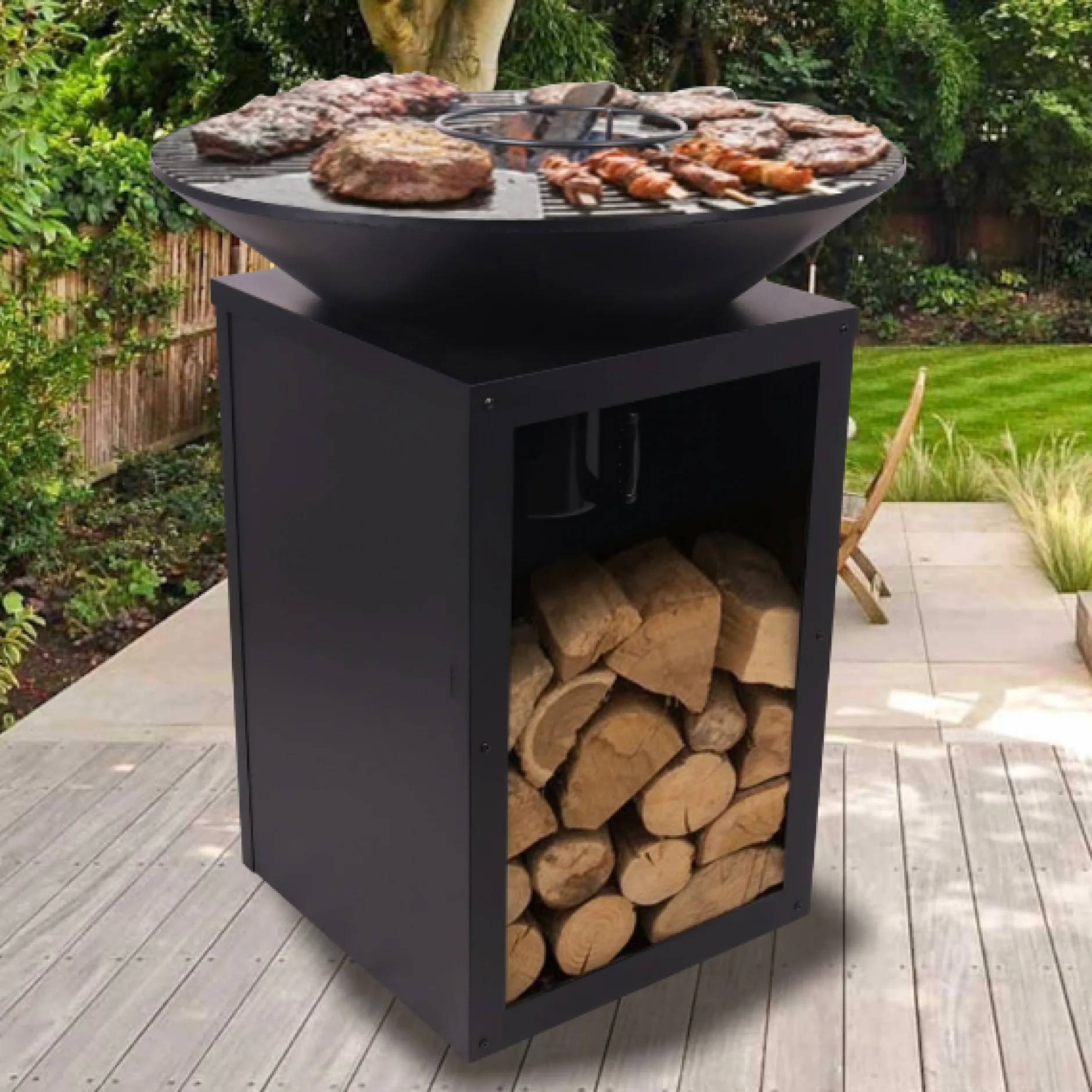 Feuerschale Evelyn mit Grill - 80x80x92 cm - Schwarz
