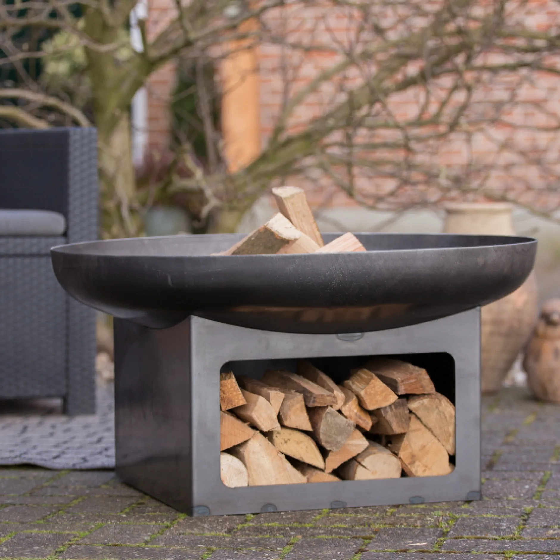 Feuerschale mit Holzlager Uma 80cm Stahl - schwarz