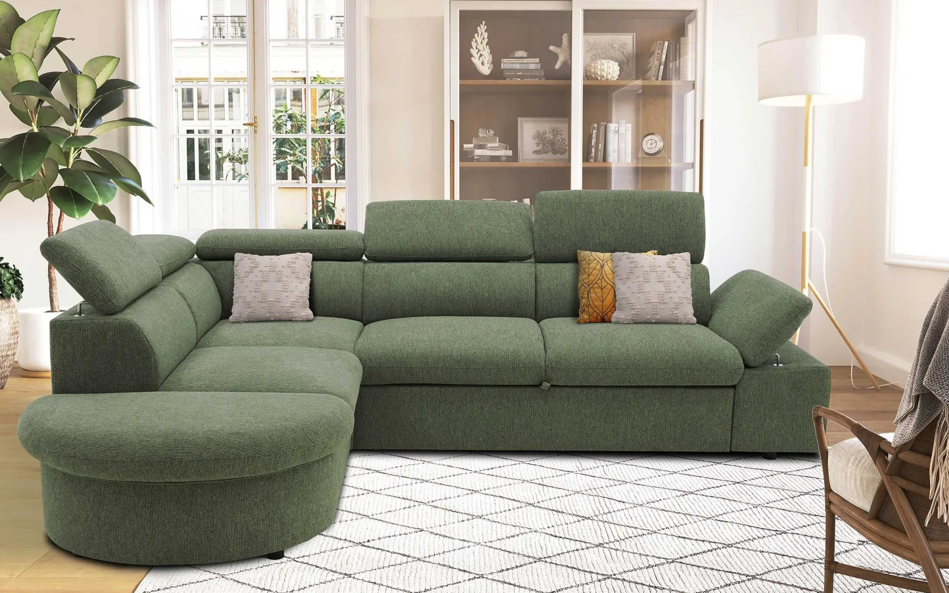 Firenze Ecksofa links - mit Bettfunktion - Stoff olivgrün