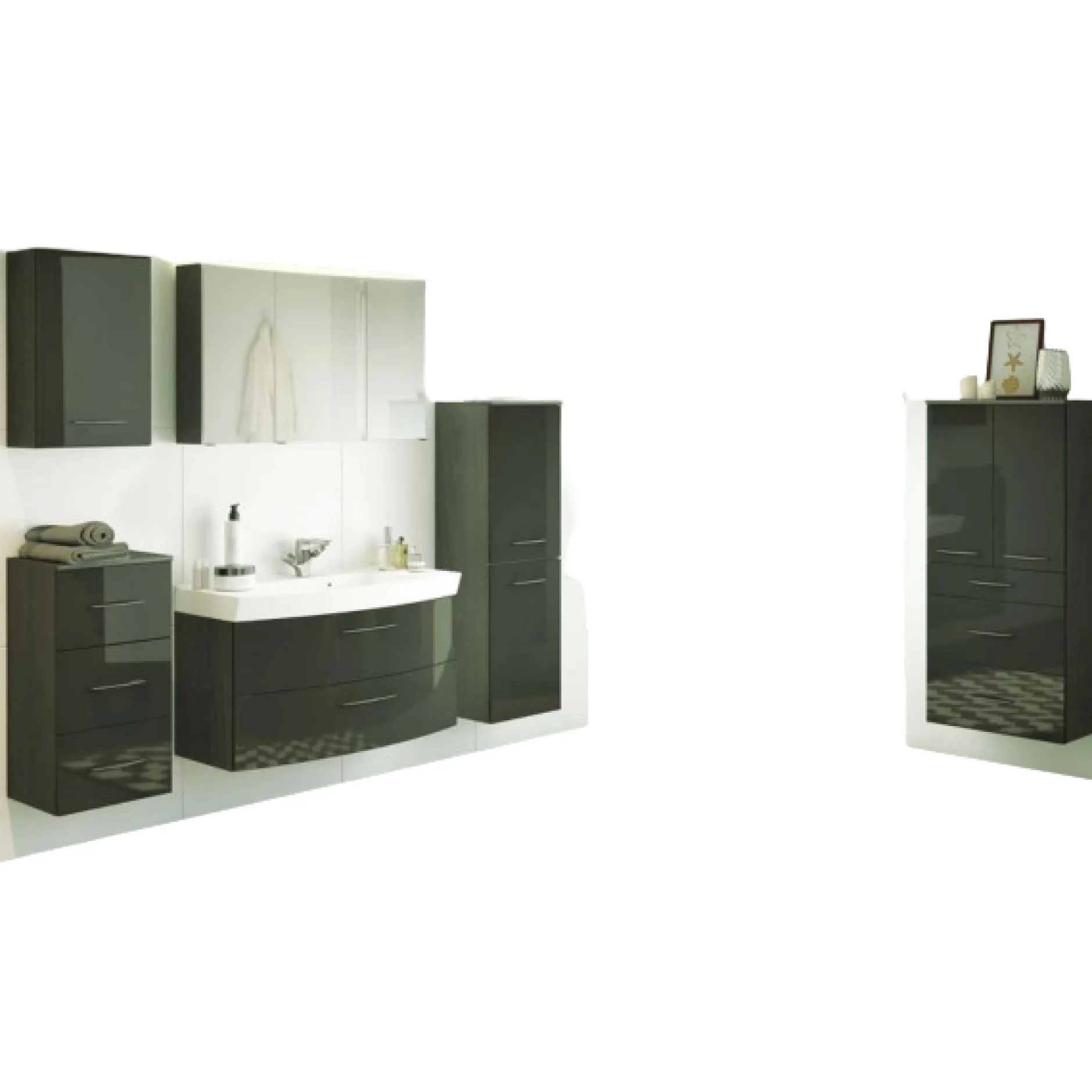 FlorentBadezimmer : Hängeschränke, Spiegelschrank, Waschtischschrank, Säulenschrank, Ablageschrank - Hochglanz grau