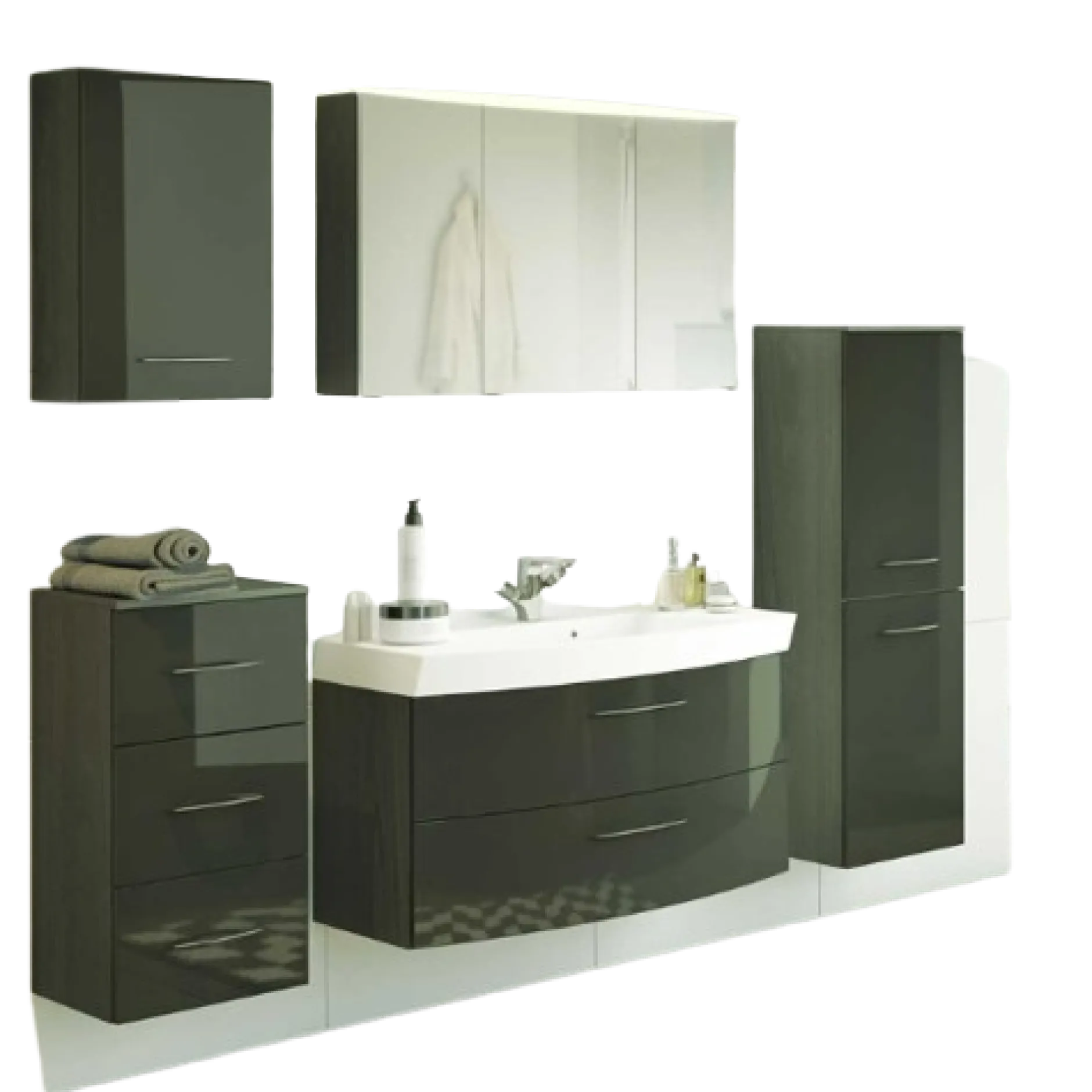 FlorentBadezimmer : Hängeschränke, Spiegelschrank, Waschtischschrank, Säulenschrank - Hochglanz grau