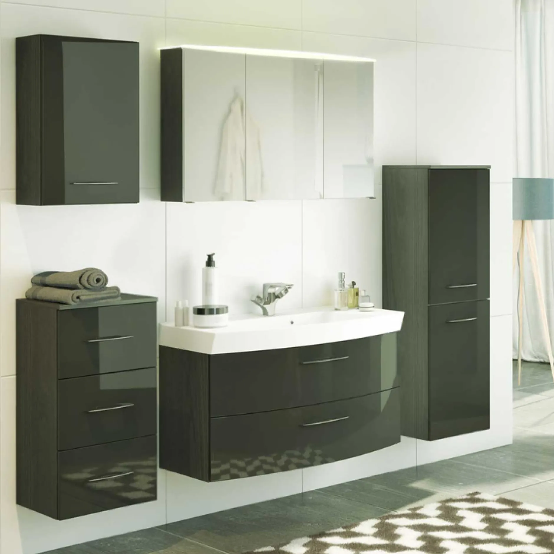 FlorentBadezimmer : Hängeschränke, Spiegelschrank, Waschtischschrank, Säulenschrank - Hochglanz grau