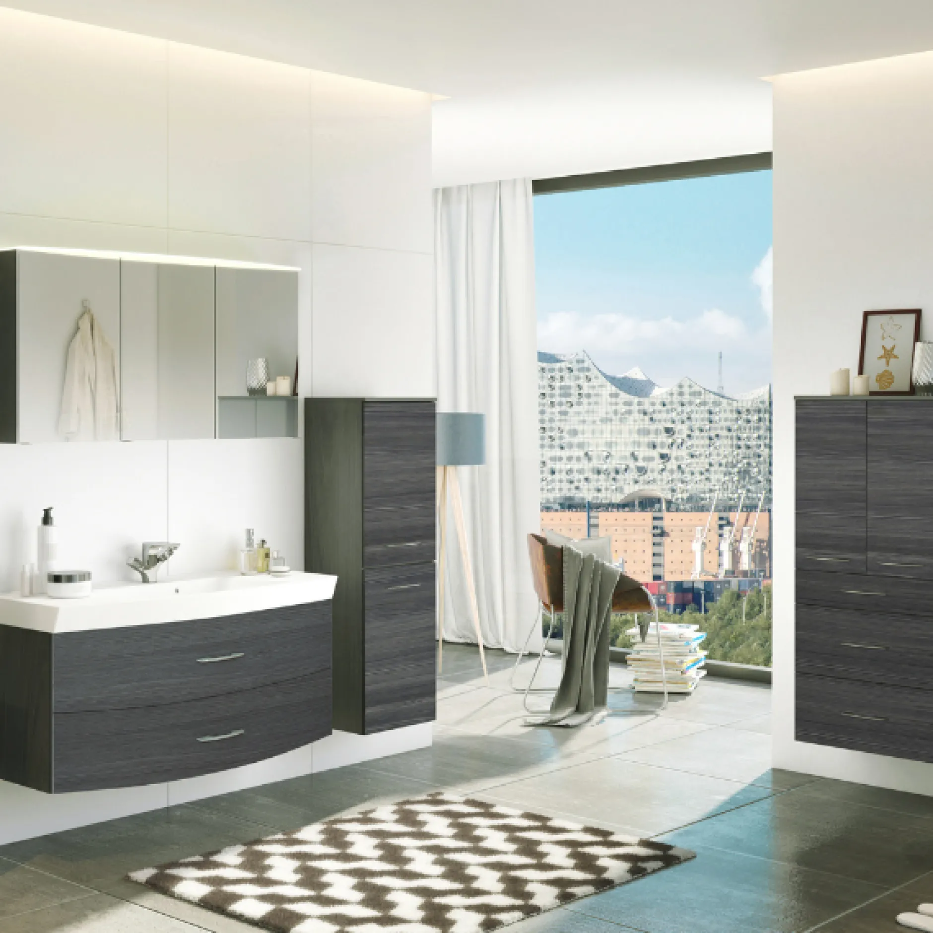 FlorentBadezimmer : Spiegelschrank, Waschtischschrank, Säulenschrank, Ablageschrank - Eiche grau