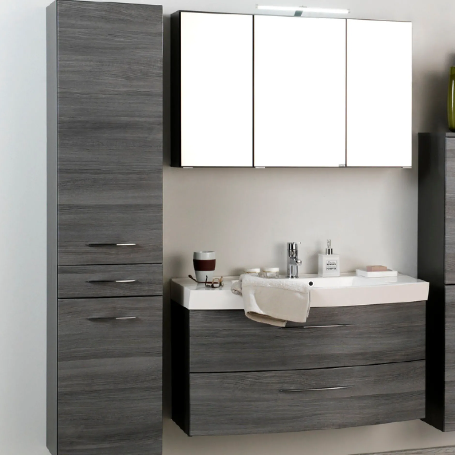 FlorentBadezimmer : Säulenschrank, Spiegelschrank, Waschtischschrank - Eiche grau
