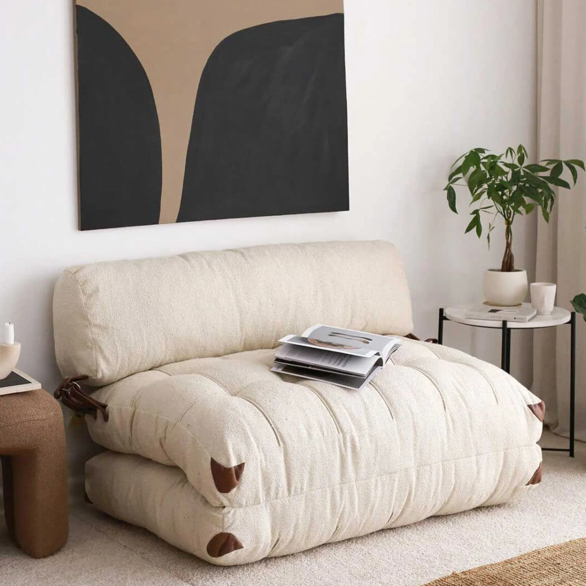 Fold Kadife 2-Sitzer-Schlafsofa | Teddystoff | Creme