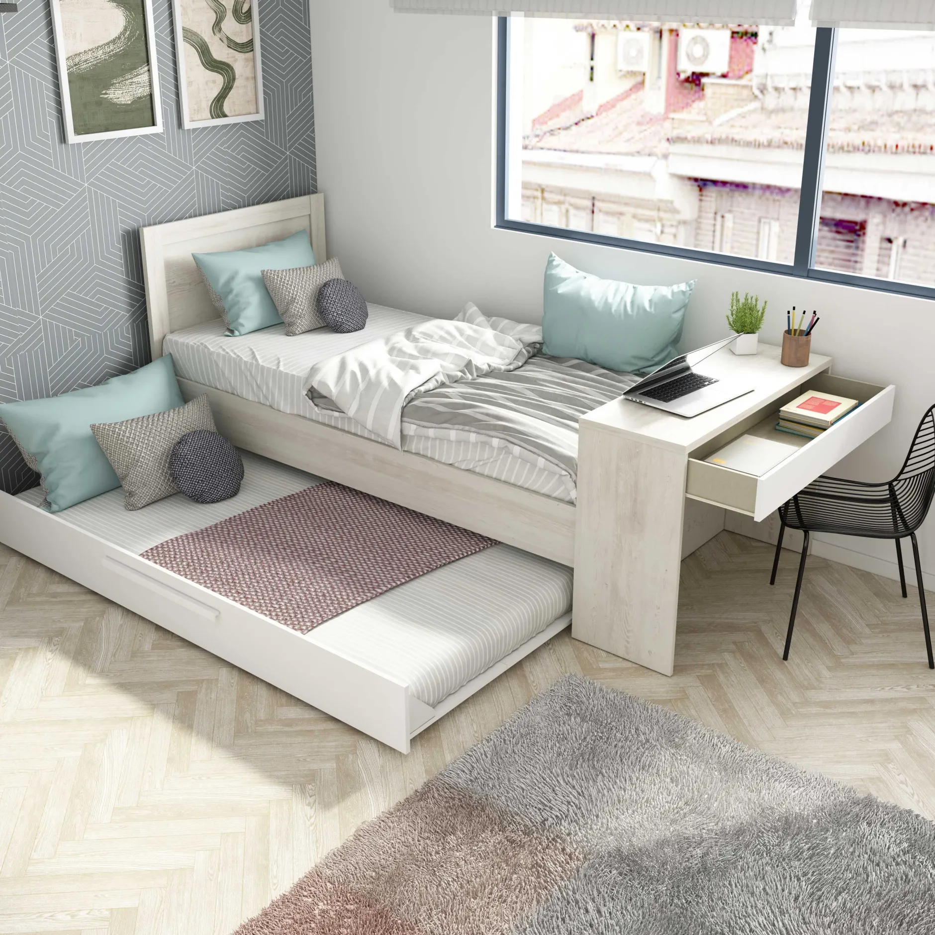 Funktionsbett Shipley 90x200 mit Schreibtisch und Bettschubkasten - weiß