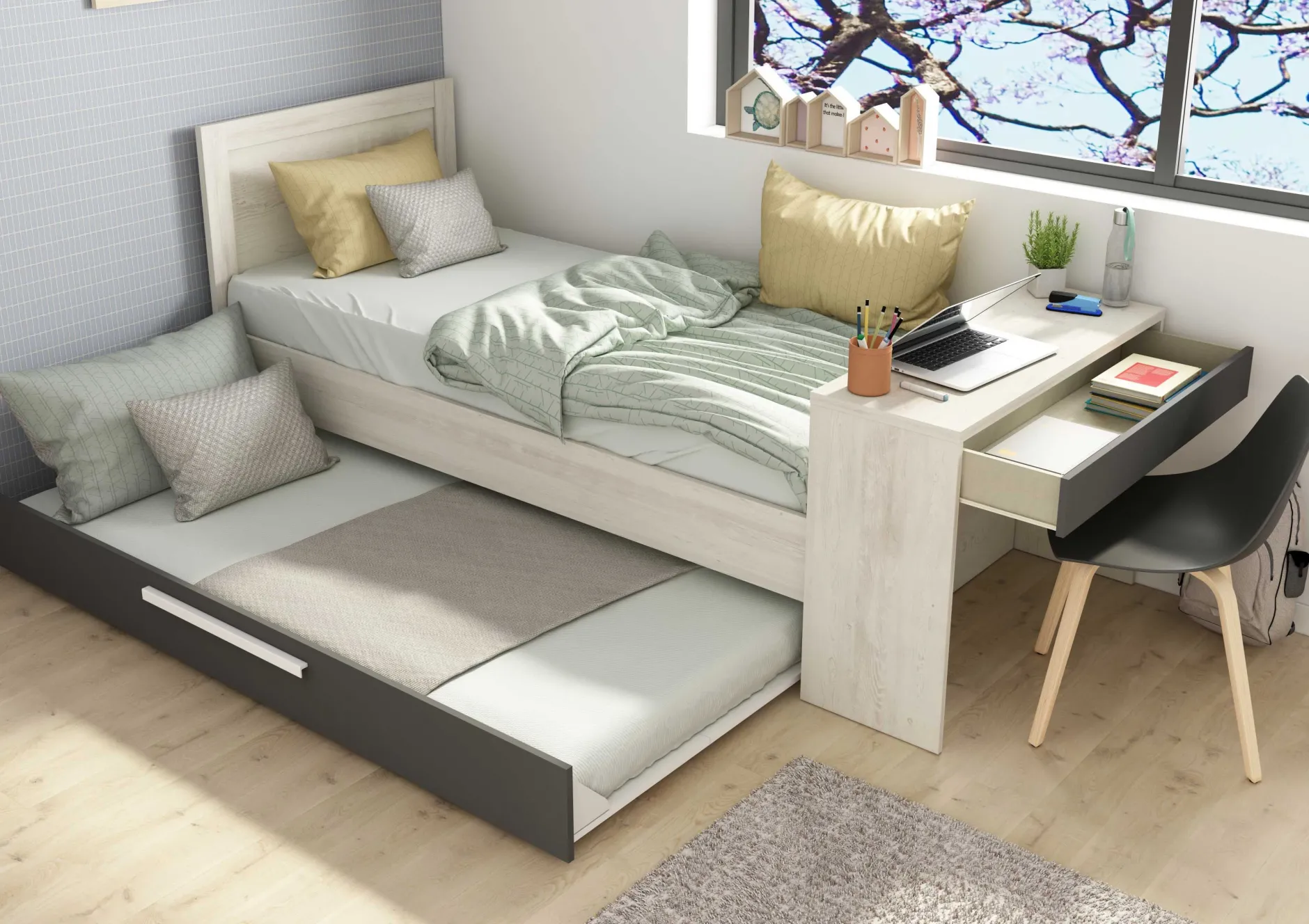 Funktionsbett Shipley 90x200 mit Schreibtisch und Bettschubkasten - weiß