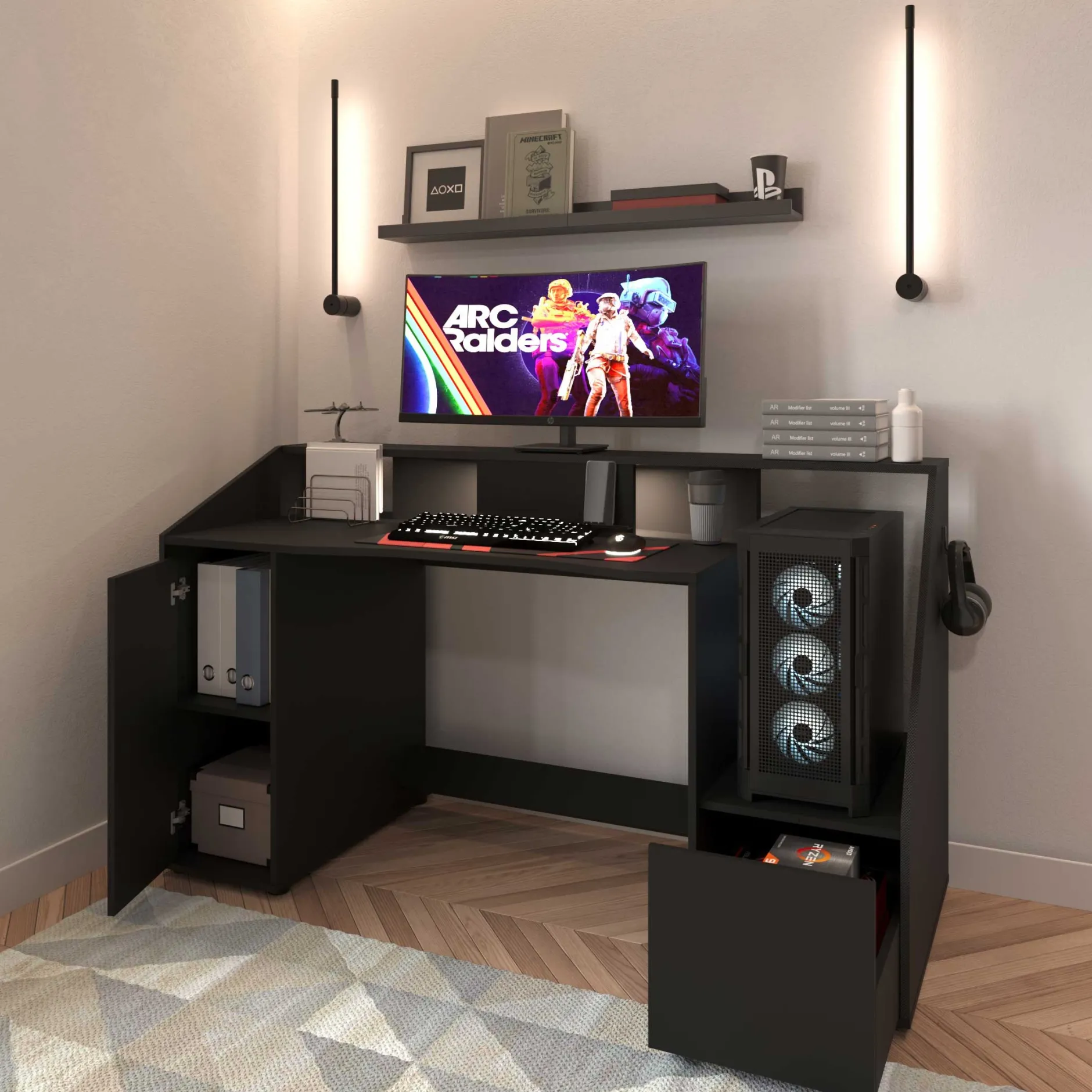 Gaming Schreibtisch Iron - 163x67x95cm - mit Ablage - schwarz