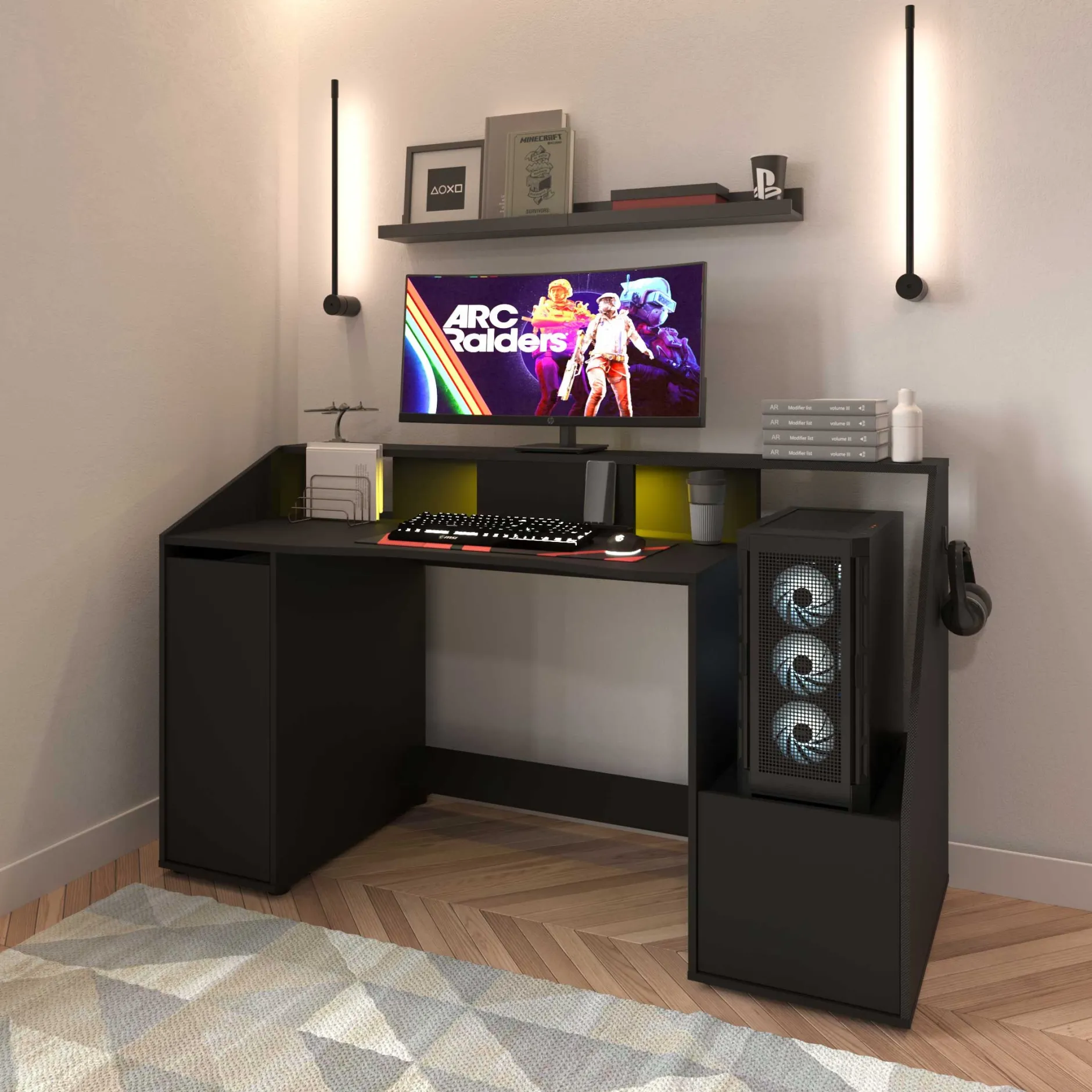 Gaming Schreibtisch Iron - 163x67x95cm - mit Ablage - schwarz