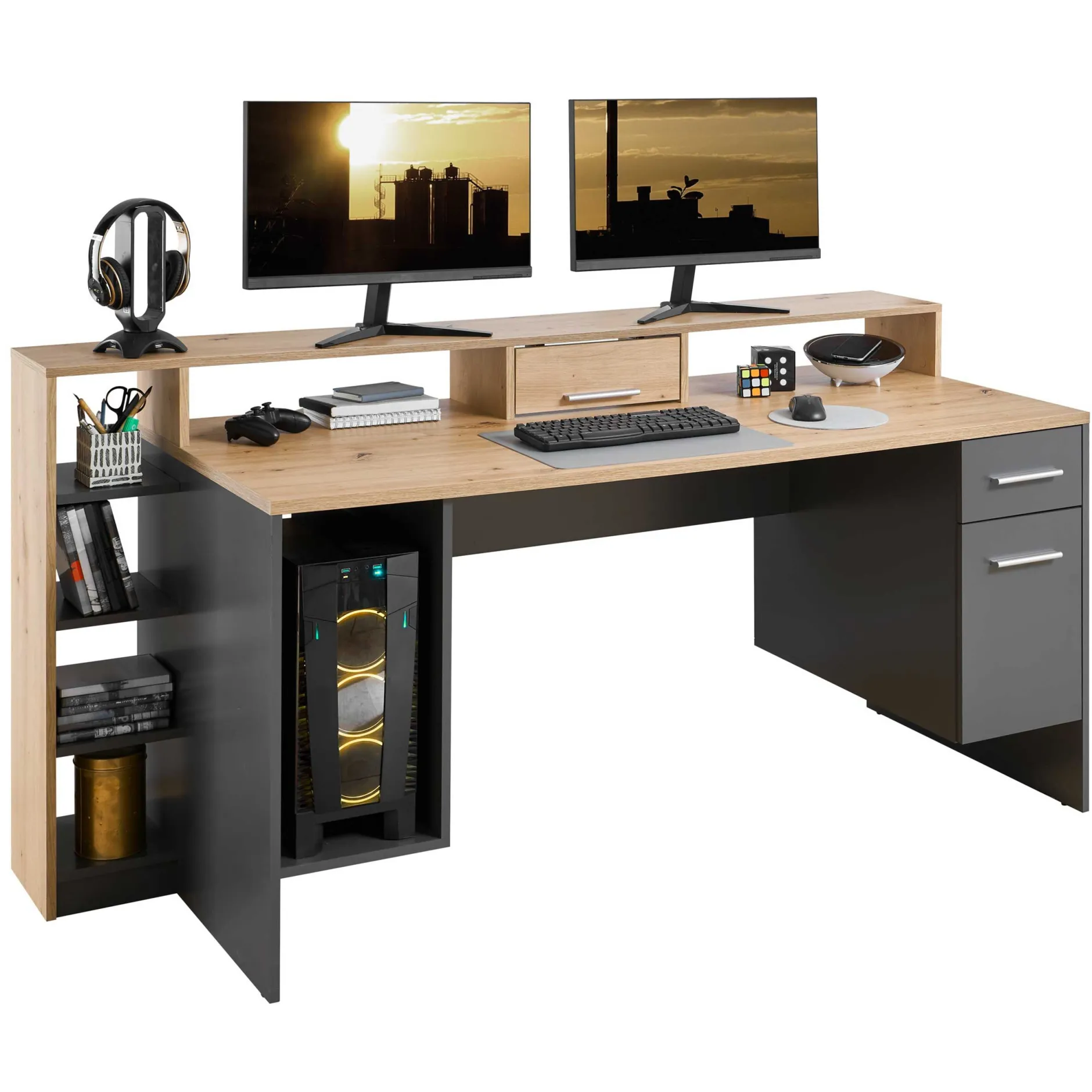 Gaming-Schreibtisch Tudi inkl. Lampe - grau/holz