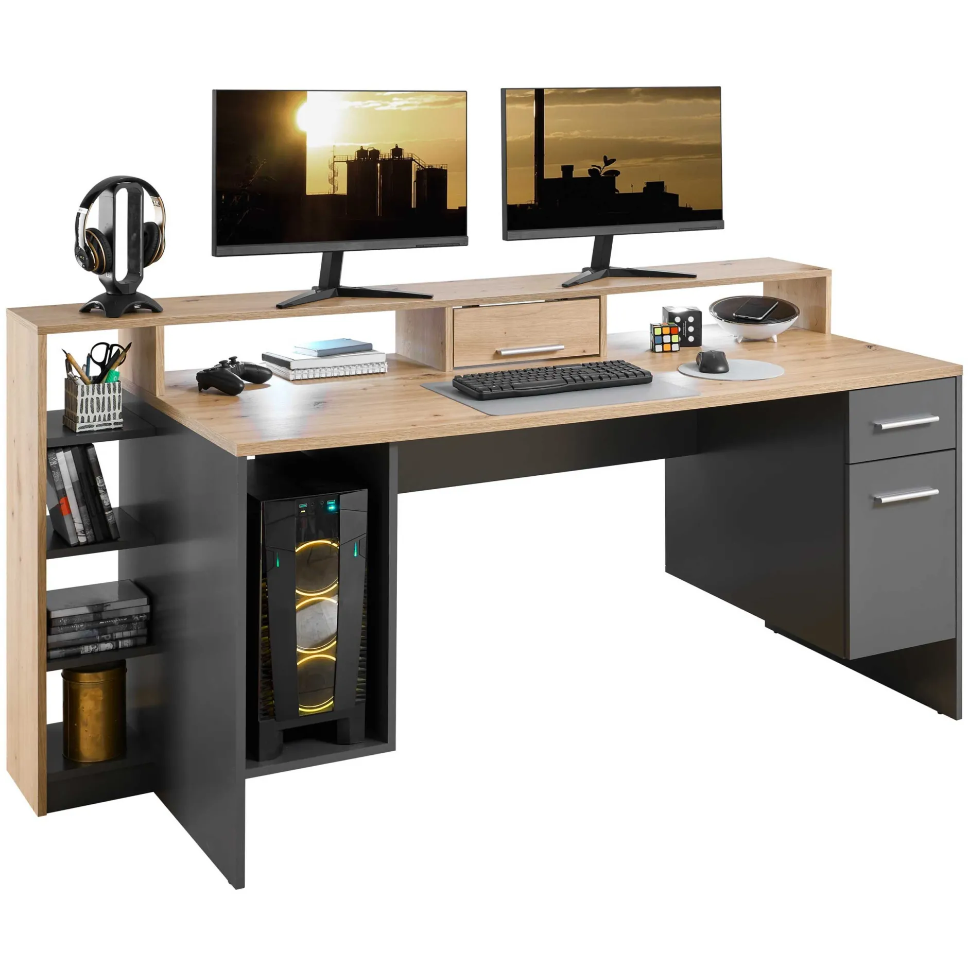 Gaming-Schreibtisch Tudi inkl. Lampe - grau/holz