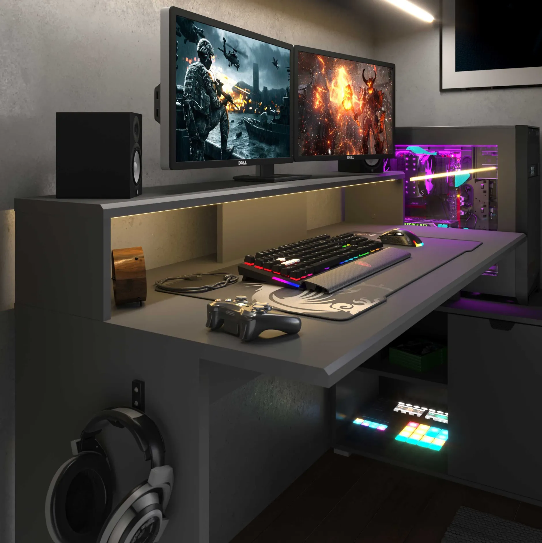 Gaming-Schreibtisch Vortex - 229x60x95cm - mit LED-Beleuchtung - dunkelgrau