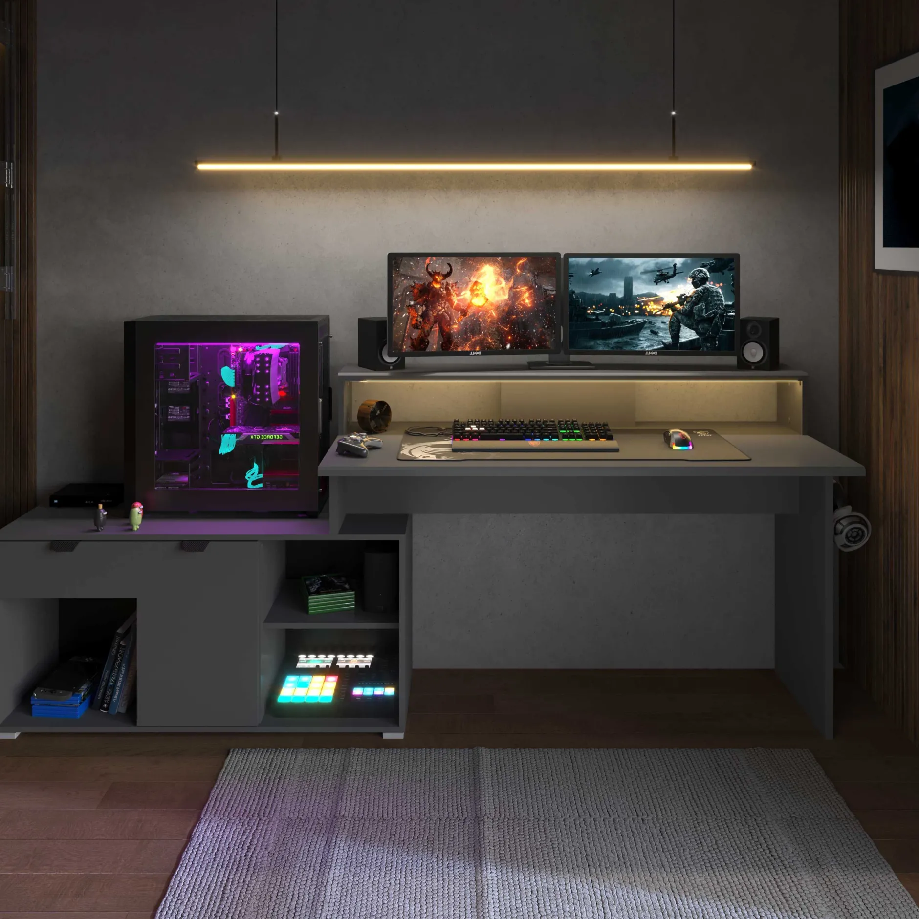 Gaming-Schreibtisch Vortex - 229x60x95cm - mit LED-Beleuchtung - dunkelgrau