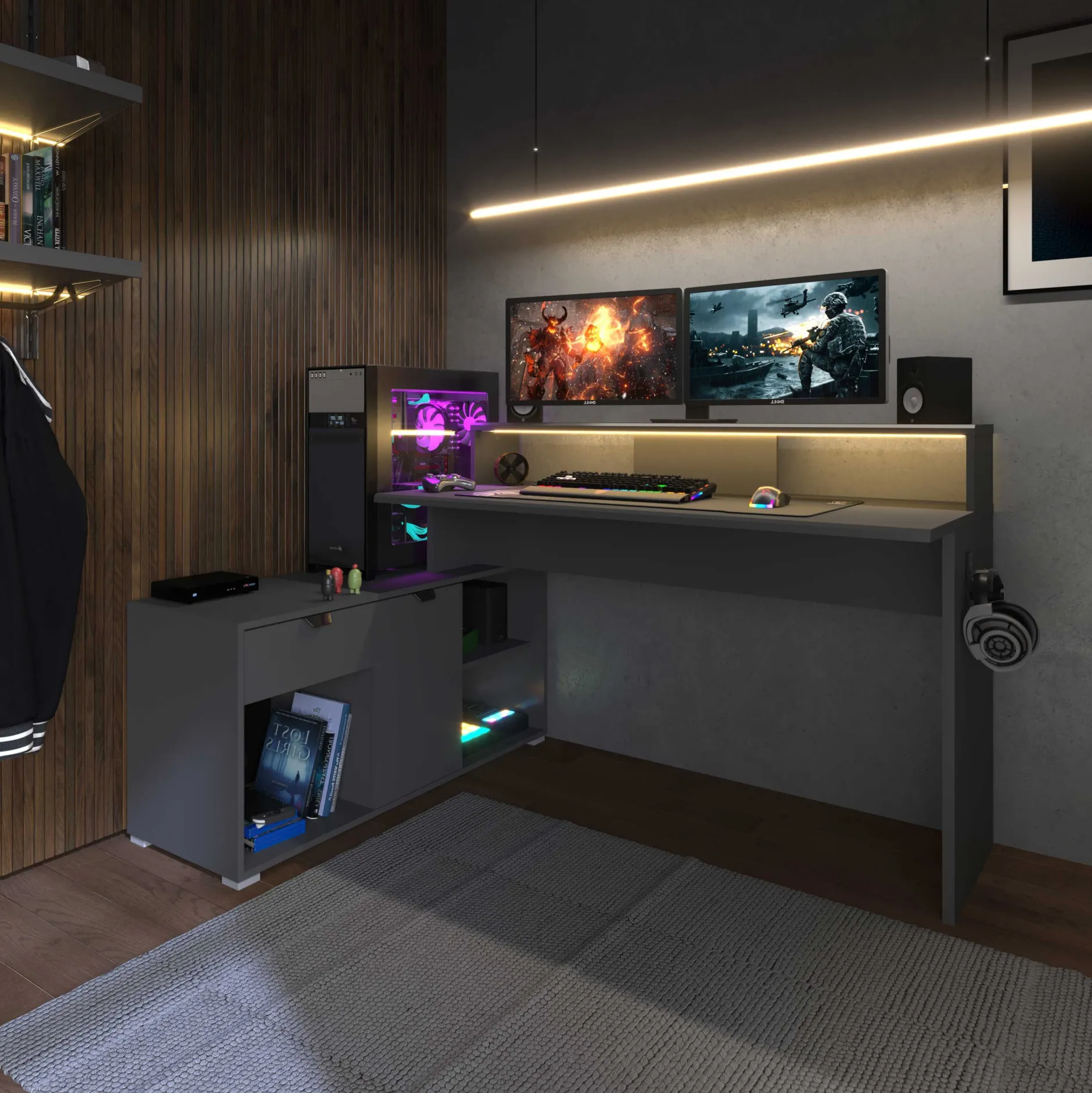 Gaming-Schreibtisch Vortex - 229x60x95cm - mit LED-Beleuchtung - dunkelgrau