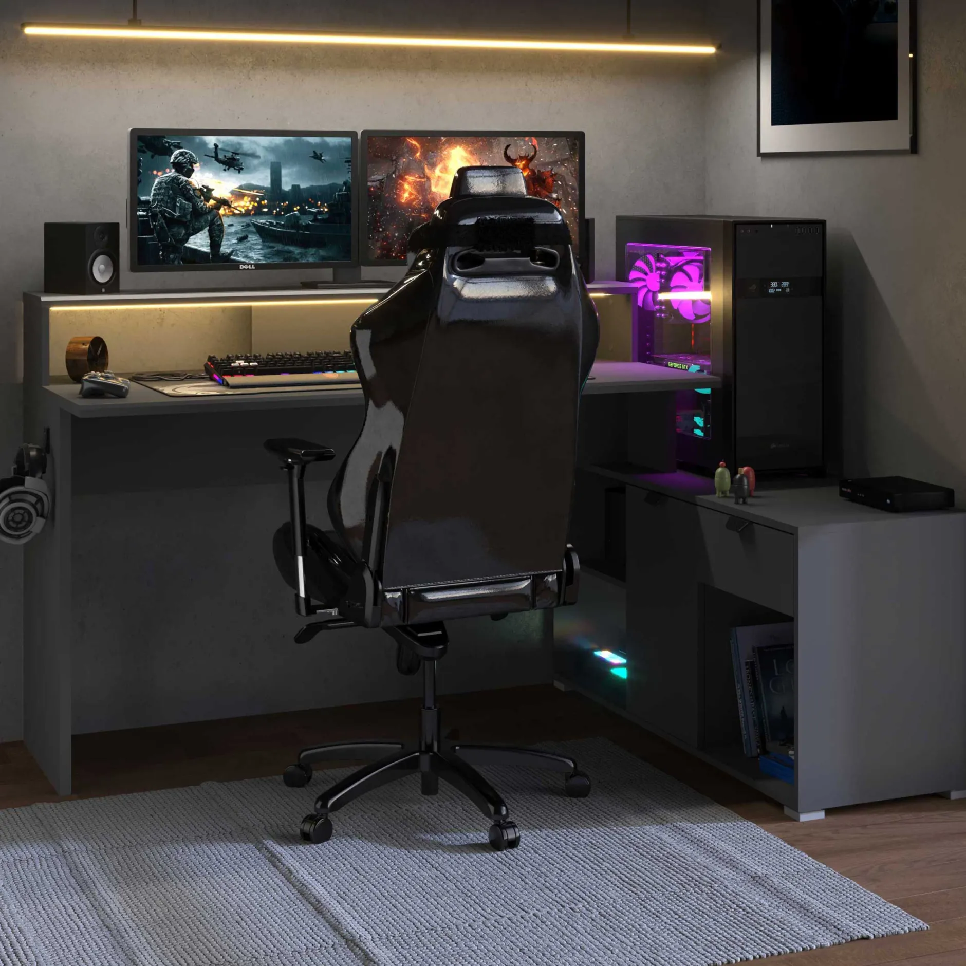 Gaming-Schreibtisch Vortex - 229x60x95cm - mit LED-Beleuchtung - dunkelgrau