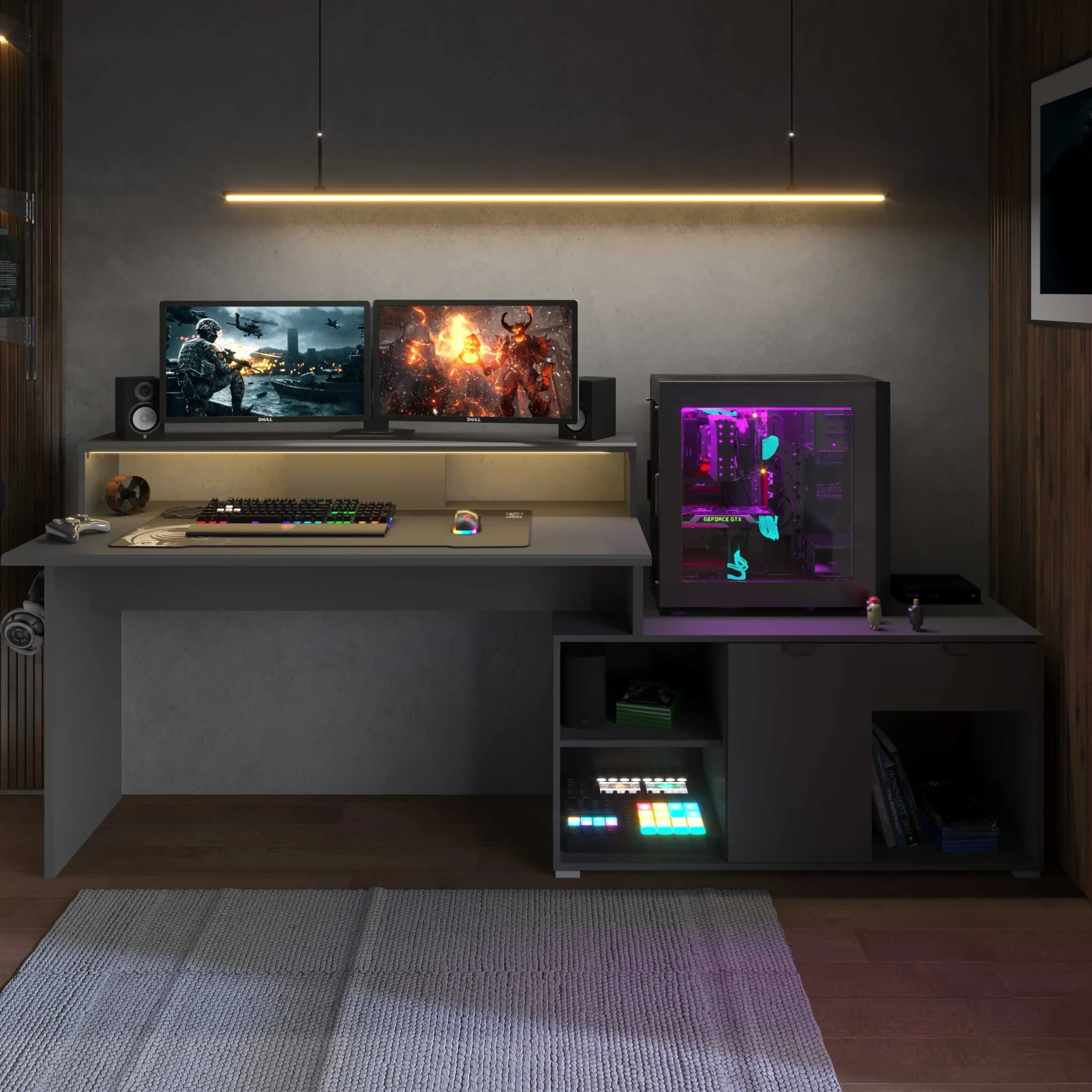 Gaming-Schreibtisch Vortex - 229x60x95cm - mit LED-Beleuchtung - dunkelgrau