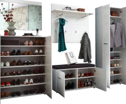 Garderobenset Allan | Schuhschrank, Dielenbank, Wandspiegel, Wandpaneel, Garderobe | Weiß